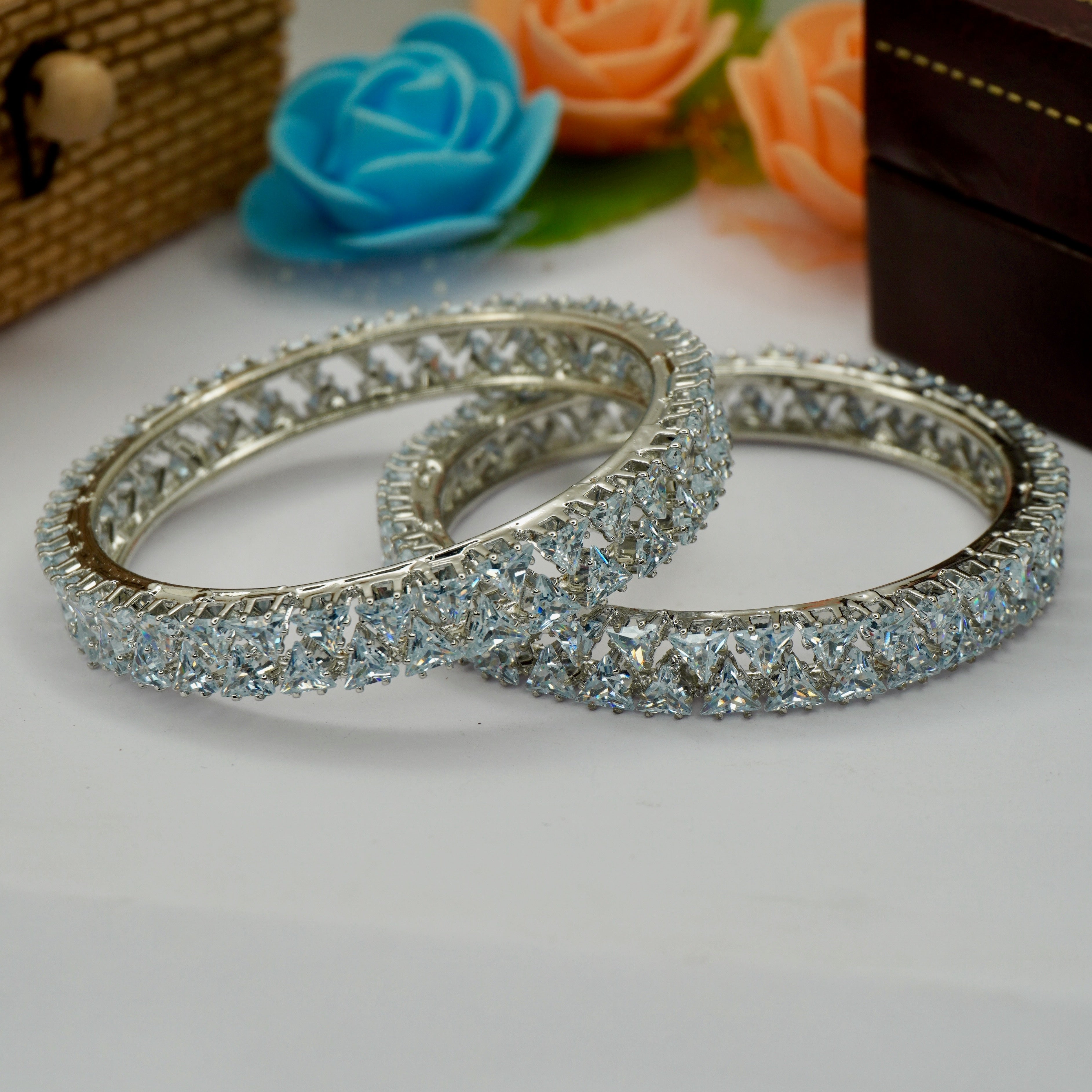 Designer Silver Rhodium Plated Triangle Cut CZ Diamond Broad Kada Bangle for Women Luxury Bridal Wedding Party Wear