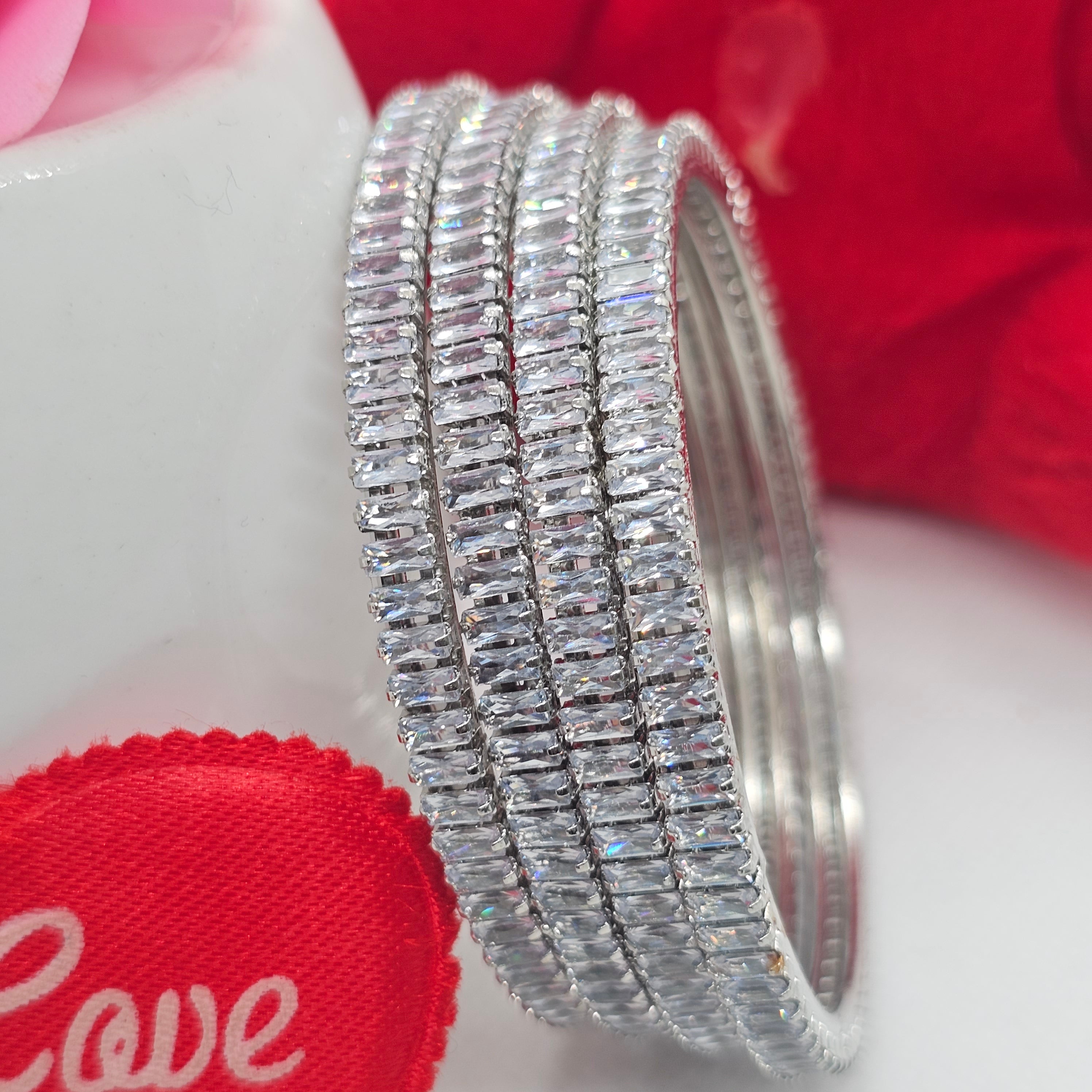 Premium Rhodium Plated CZ Baguette Tennis Bangles Set | Silver Bridal Jewelry for Women