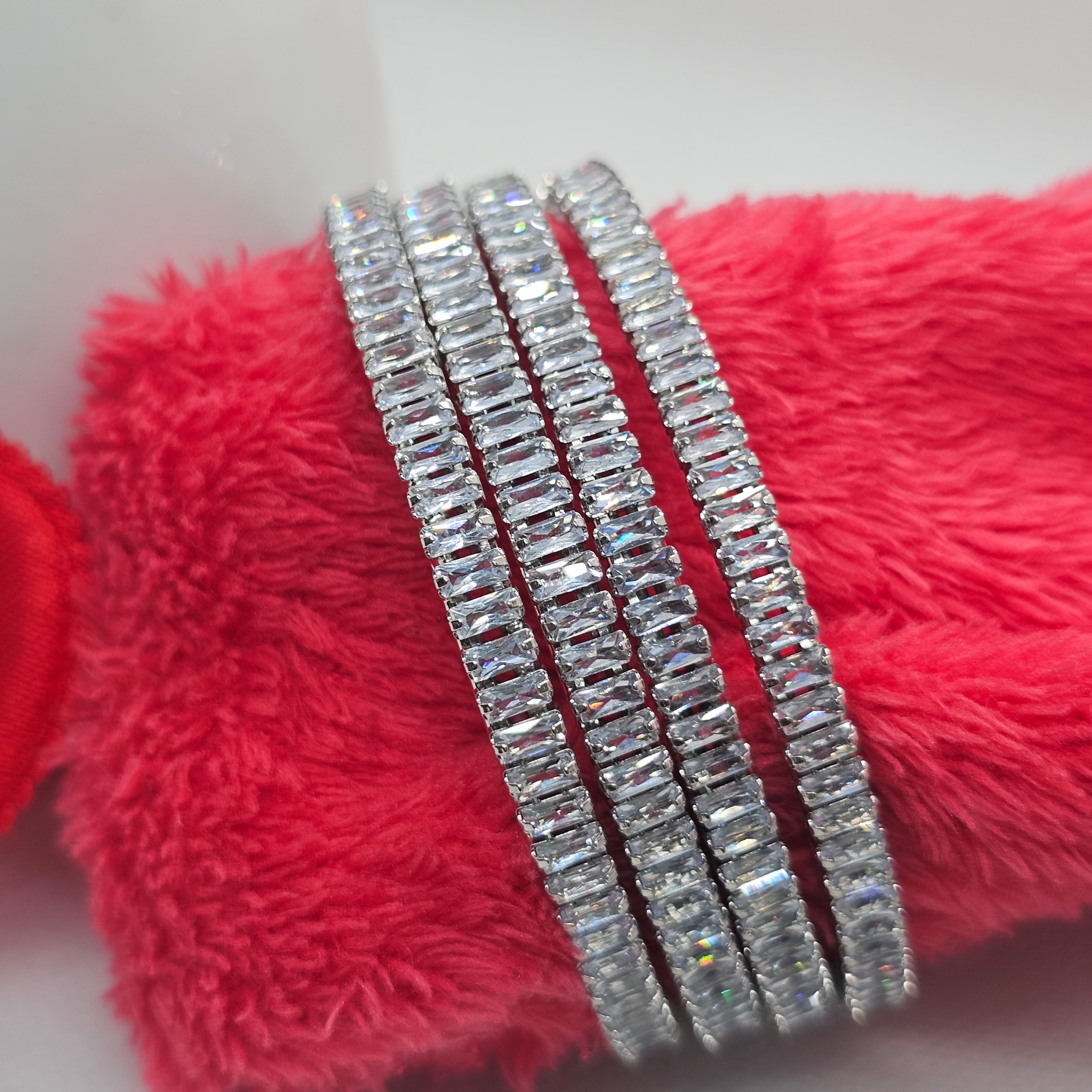 Premium Rhodium Plated CZ Baguette Tennis Bangles Set | Silver Bridal Jewelry for Women