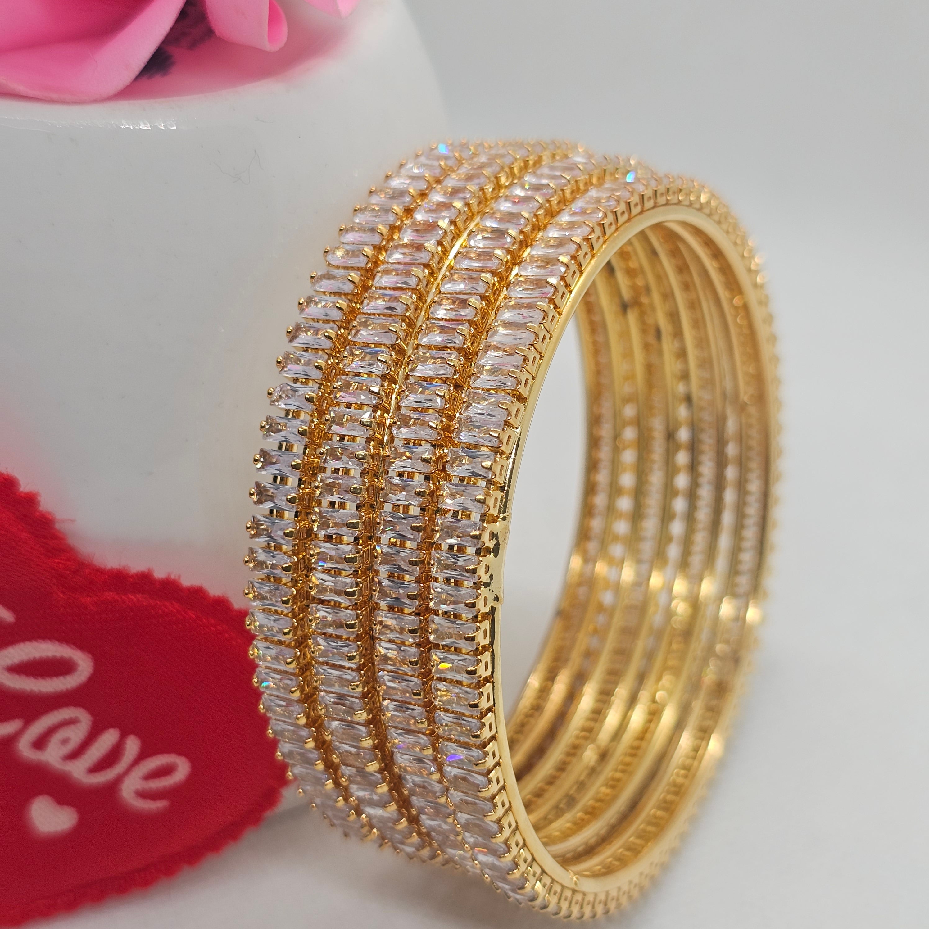 Gold Plated Cubic Zirconia Baguette Bangle Set | Indian Bridal Wedding Jewelry for Women