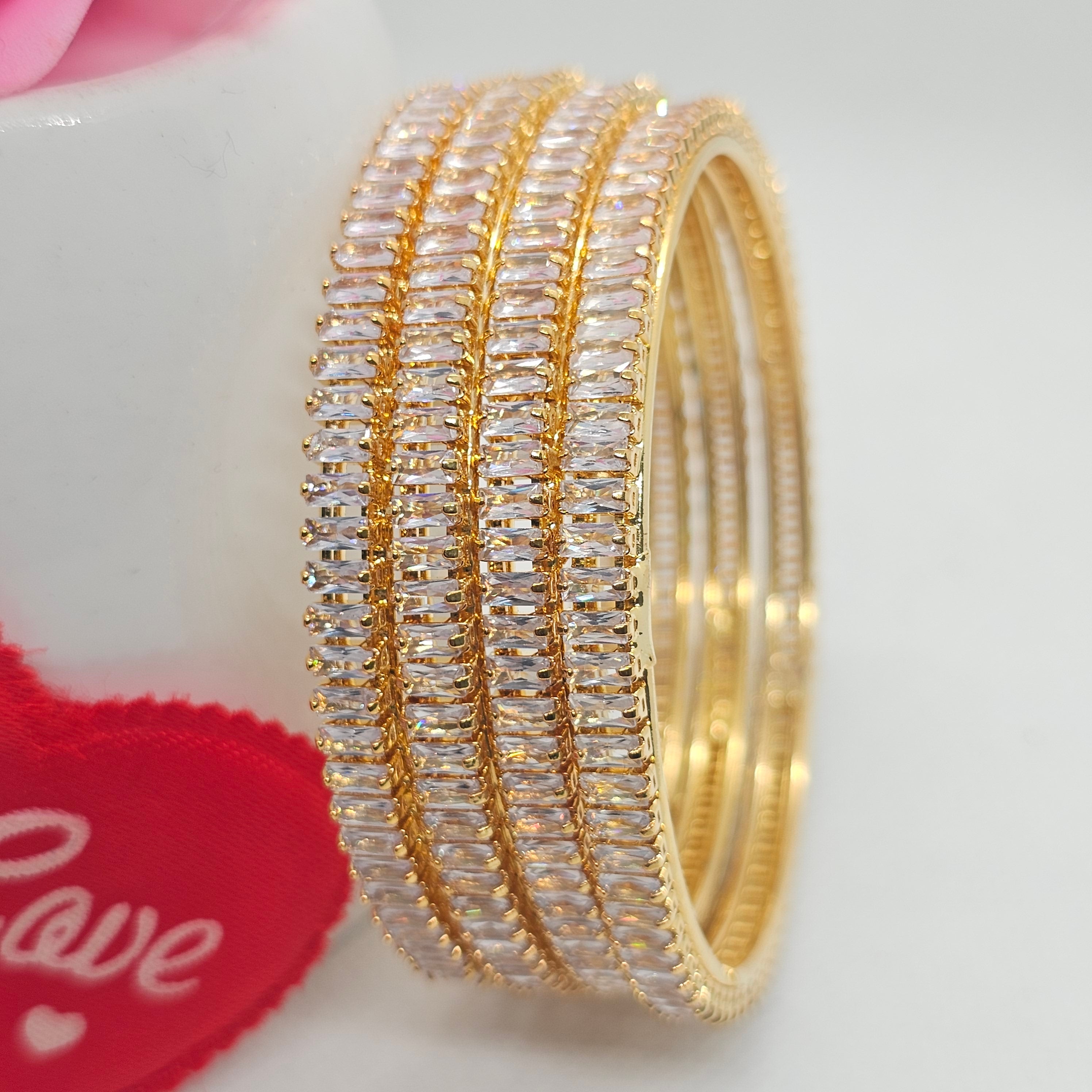Gold Plated Cubic Zirconia Baguette Bangle Set | Indian Bridal Wedding Jewelry for Women