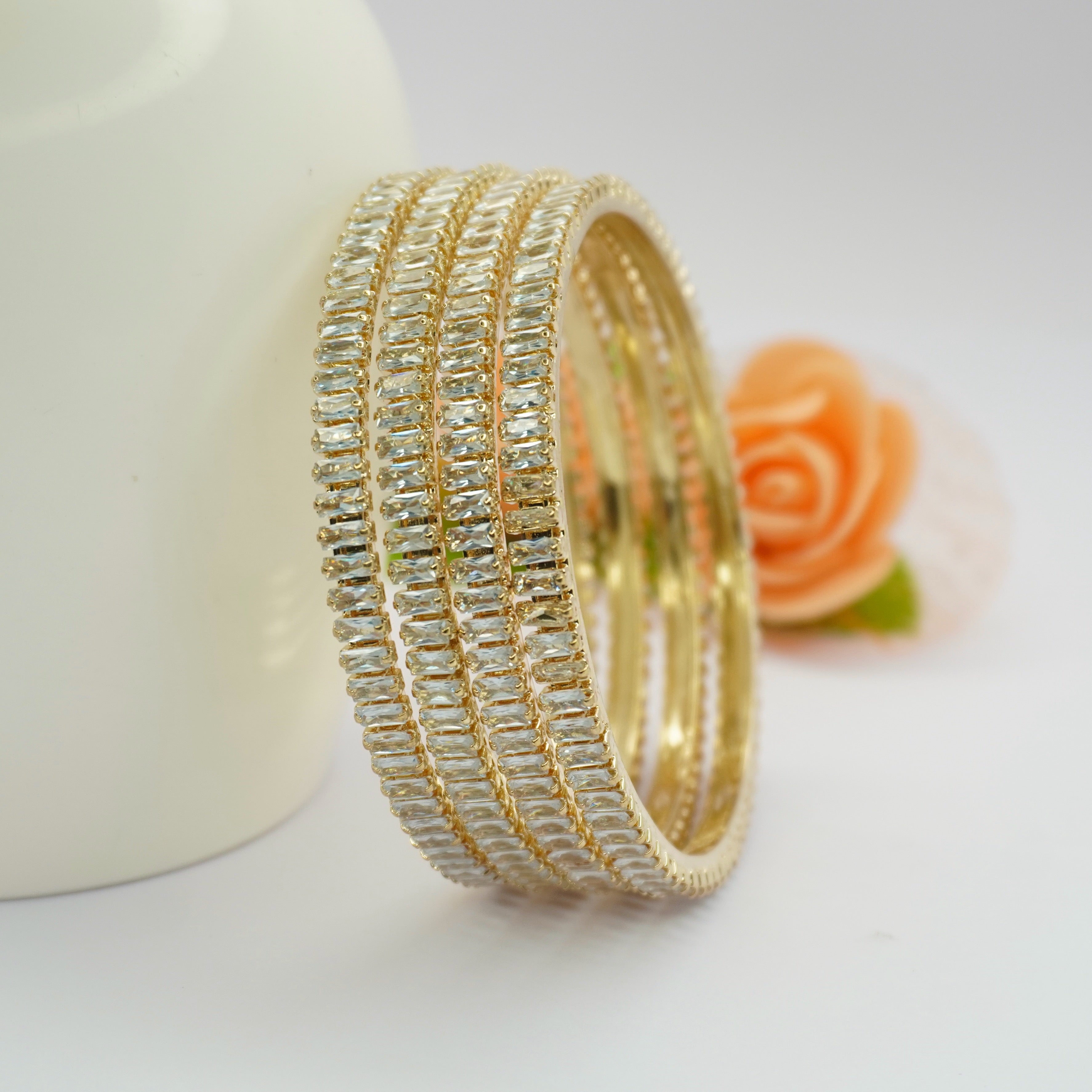 Gold Plated Cubic Zirconia Baguette Bangle Set | Indian Bridal Wedding Jewelry for Women