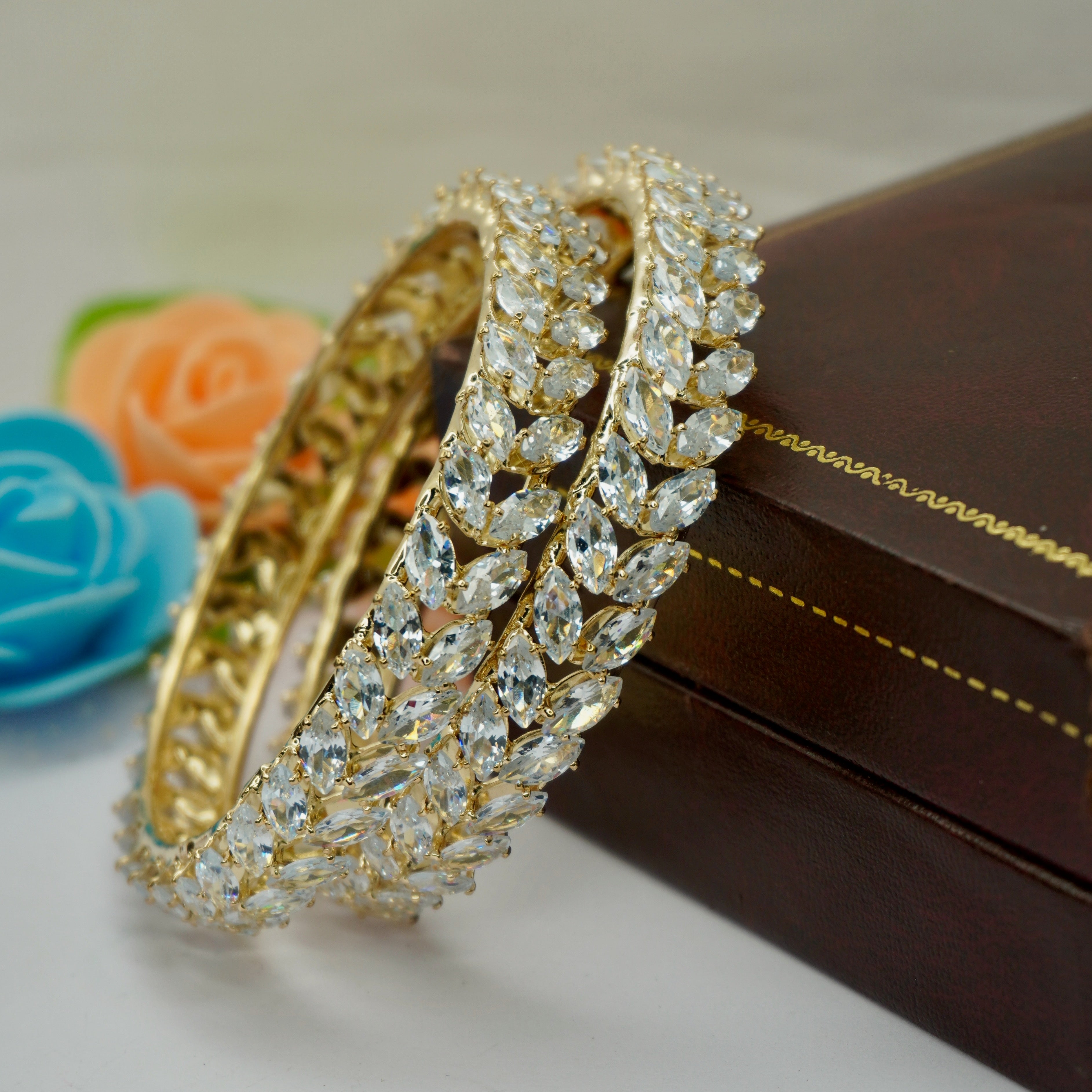 Latest Gold AD Stone Bangles Pair Stylish Kangan for Women Wedding Festive Wear