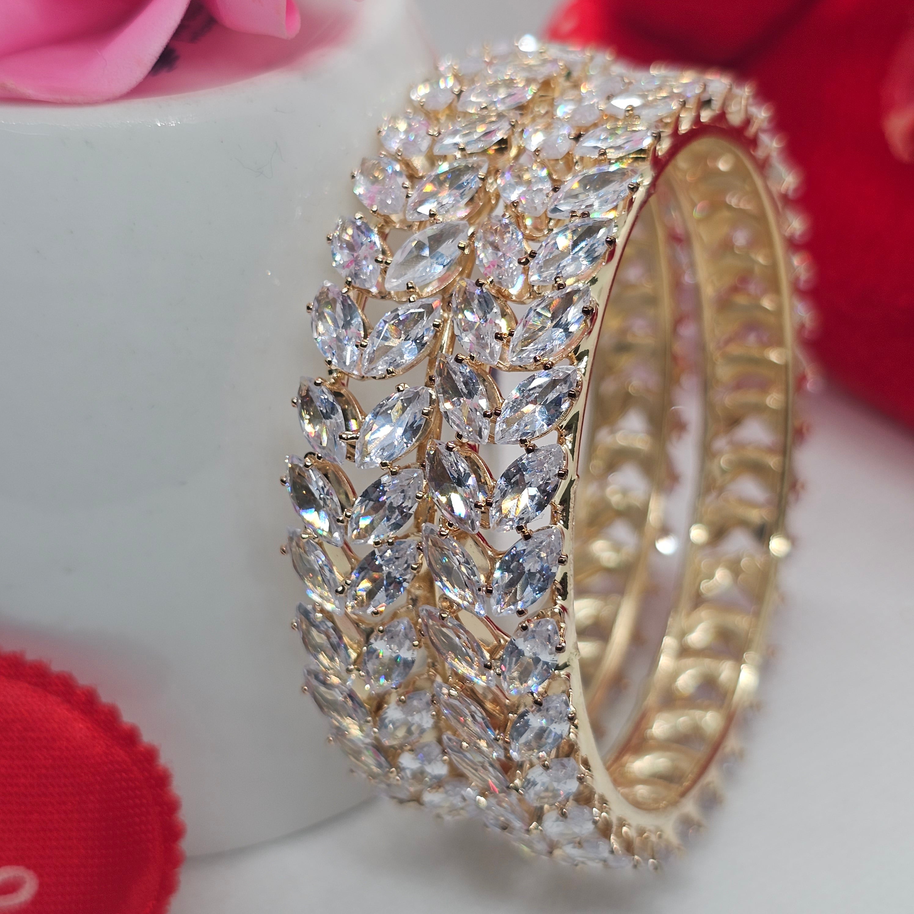 Bridal Gold Plated American Diamond Leaf Kangan Bangles Pair for Wedding Reception Women