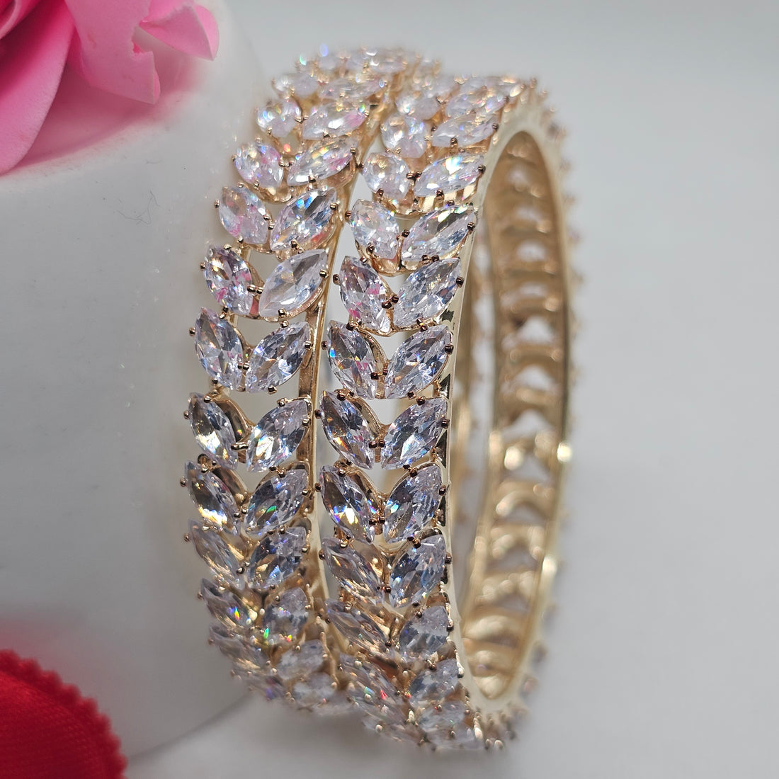 Bridal Gold Plated American Diamond Leaf Kangan Bangles Pair for Wedding Reception Women