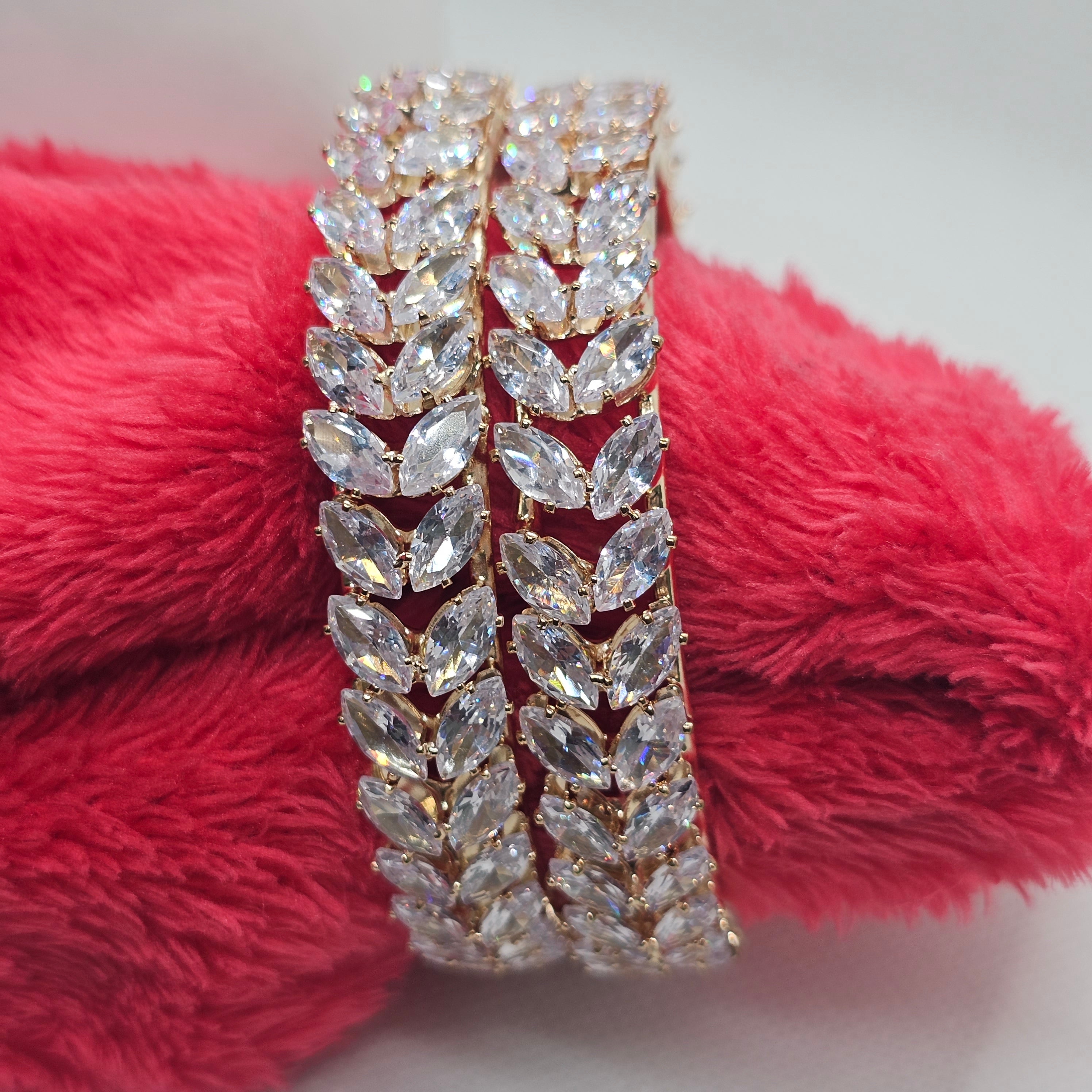 Bridal Gold Plated American Diamond Leaf Kangan Bangles Pair for Wedding Reception Women