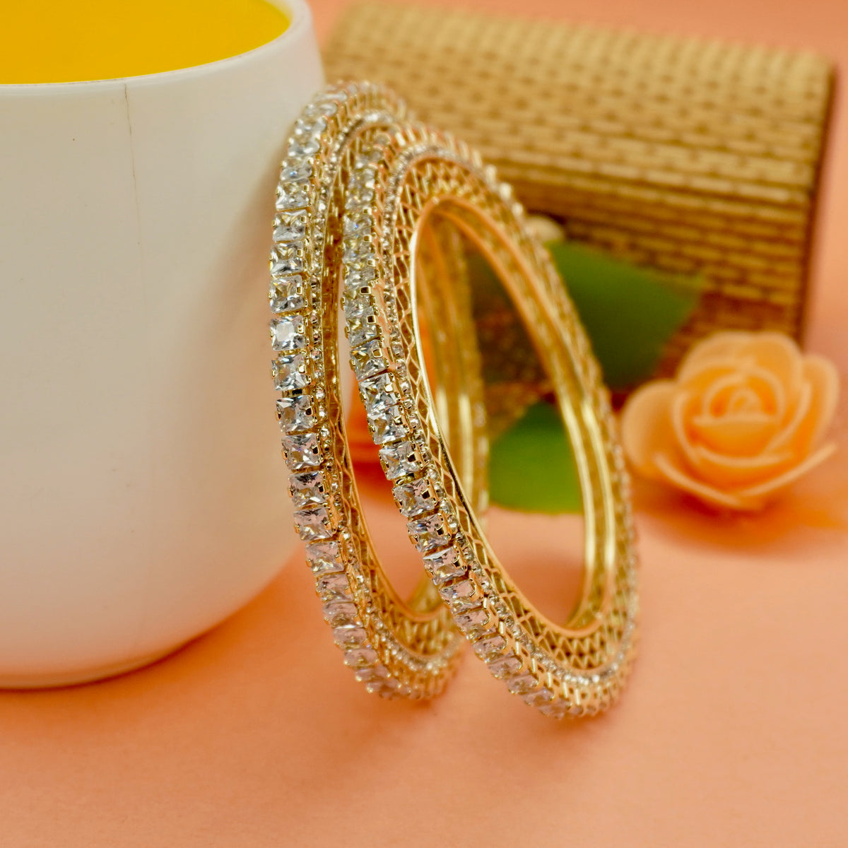 Gold-Plated AD Stone Bangles Set of 2  with White Cubic Zirconia – Party & Wedding Wear