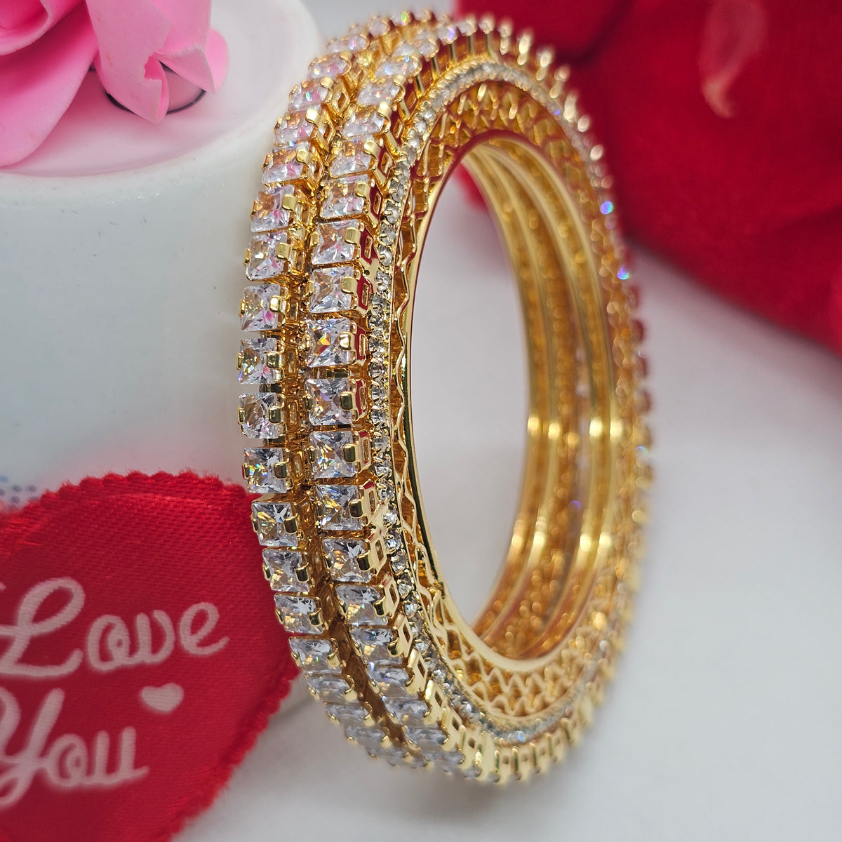 Gold-Plated AD Stone Bangles Set of 2  with White Cubic Zirconia – Party & Wedding Wear
