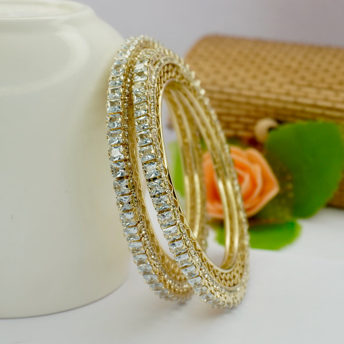 Gold-Plated AD Stone Bangles Set of 2  with White Cubic Zirconia – Party & Wedding Wear