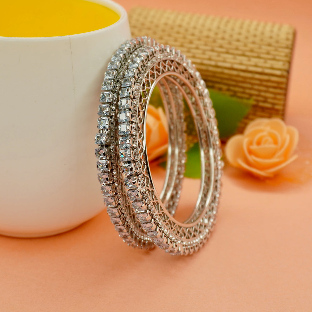 Rhodium-Plated AD Stone Bangles Set of 2 with White Cubic Zirconia – Silver-Tone Party Wear