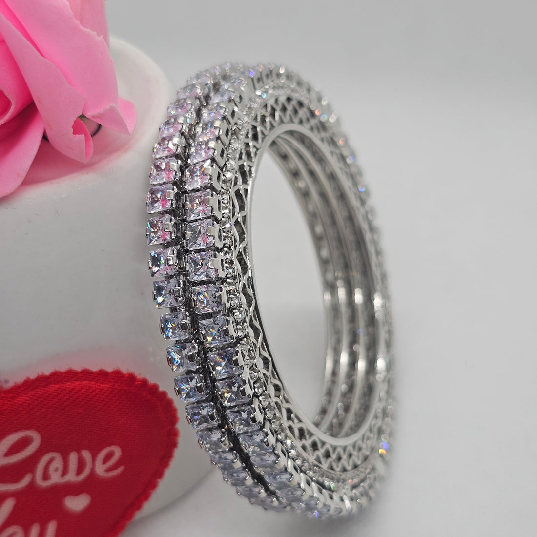 Rhodium-Plated AD Stone Bangles Set of 2 with White Cubic Zirconia – Silver-Tone Party Wear