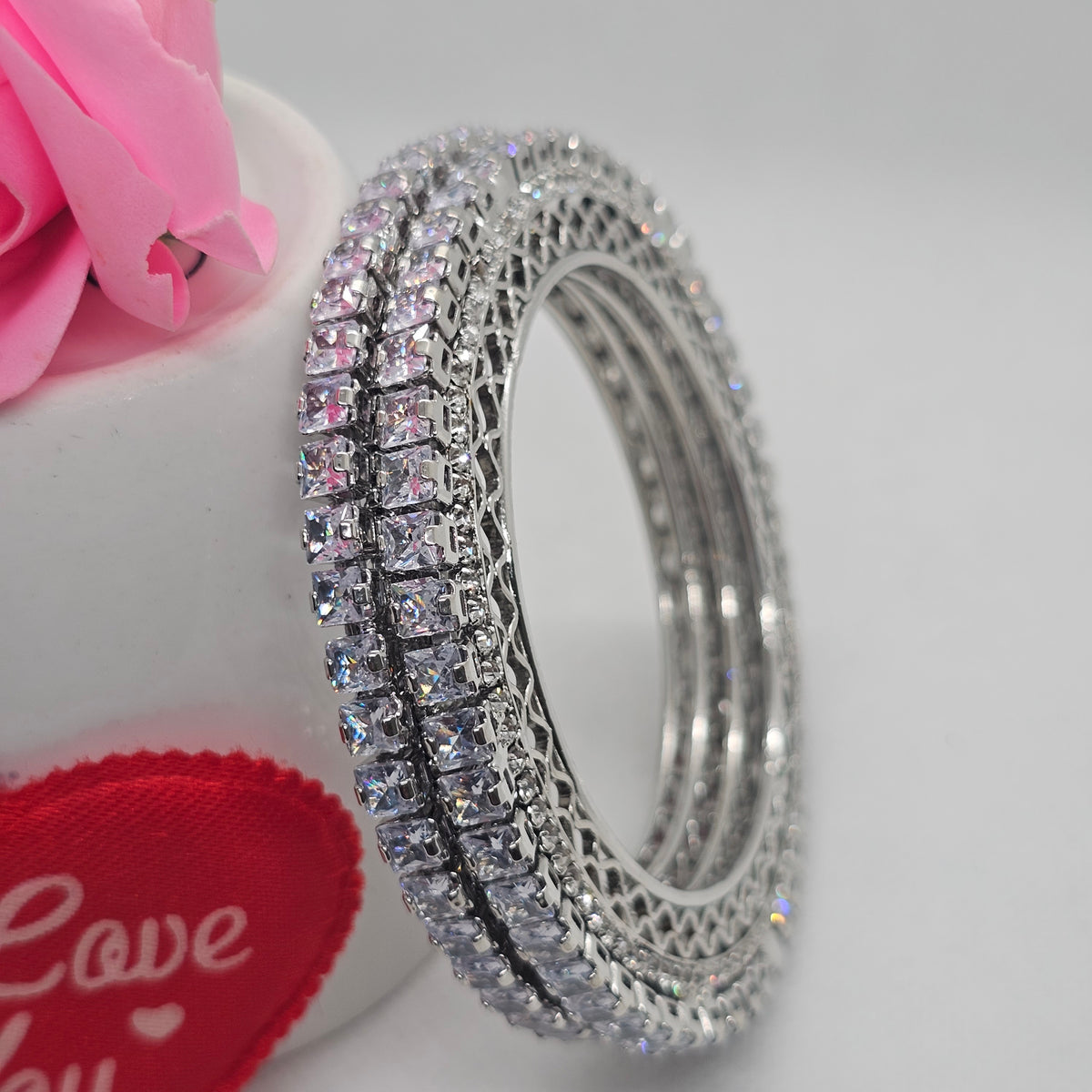 Rhodium-Plated AD Stone Bangles Set of 2 with White Cubic Zirconia – Silver-Tone Party Wear