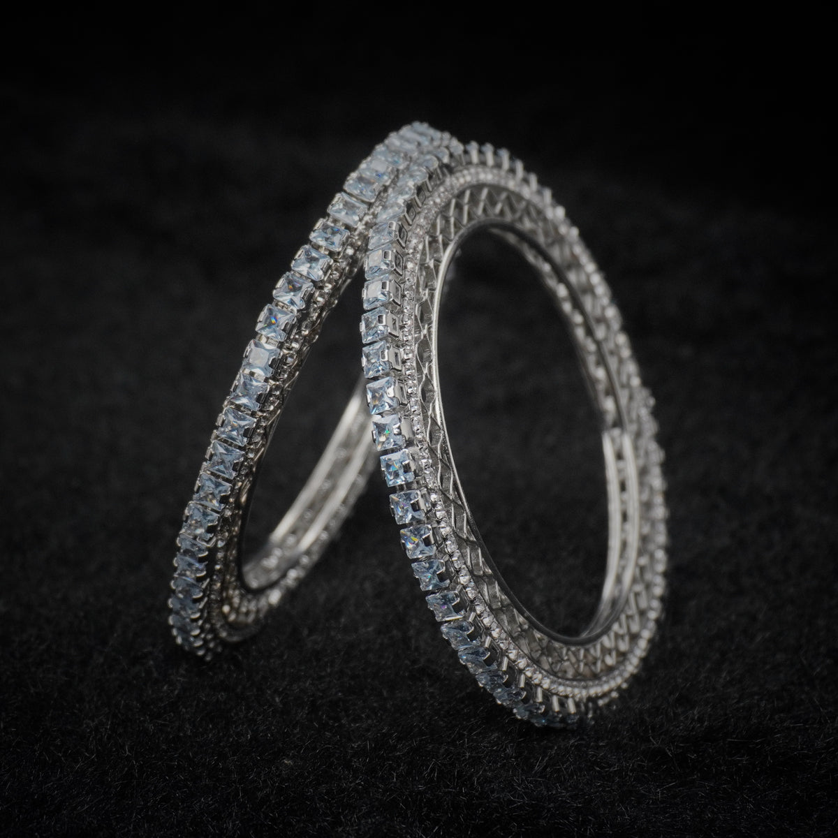 Rhodium-Plated AD Stone Bangles Set of 2 with White Cubic Zirconia – Silver-Tone Party Wear