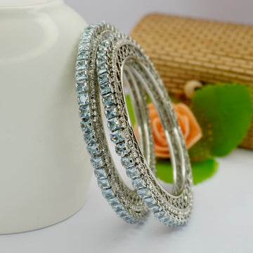 Rhodium-Plated AD Stone Bangles Set of 2 with White Cubic Zirconia – Silver-Tone Party Wear