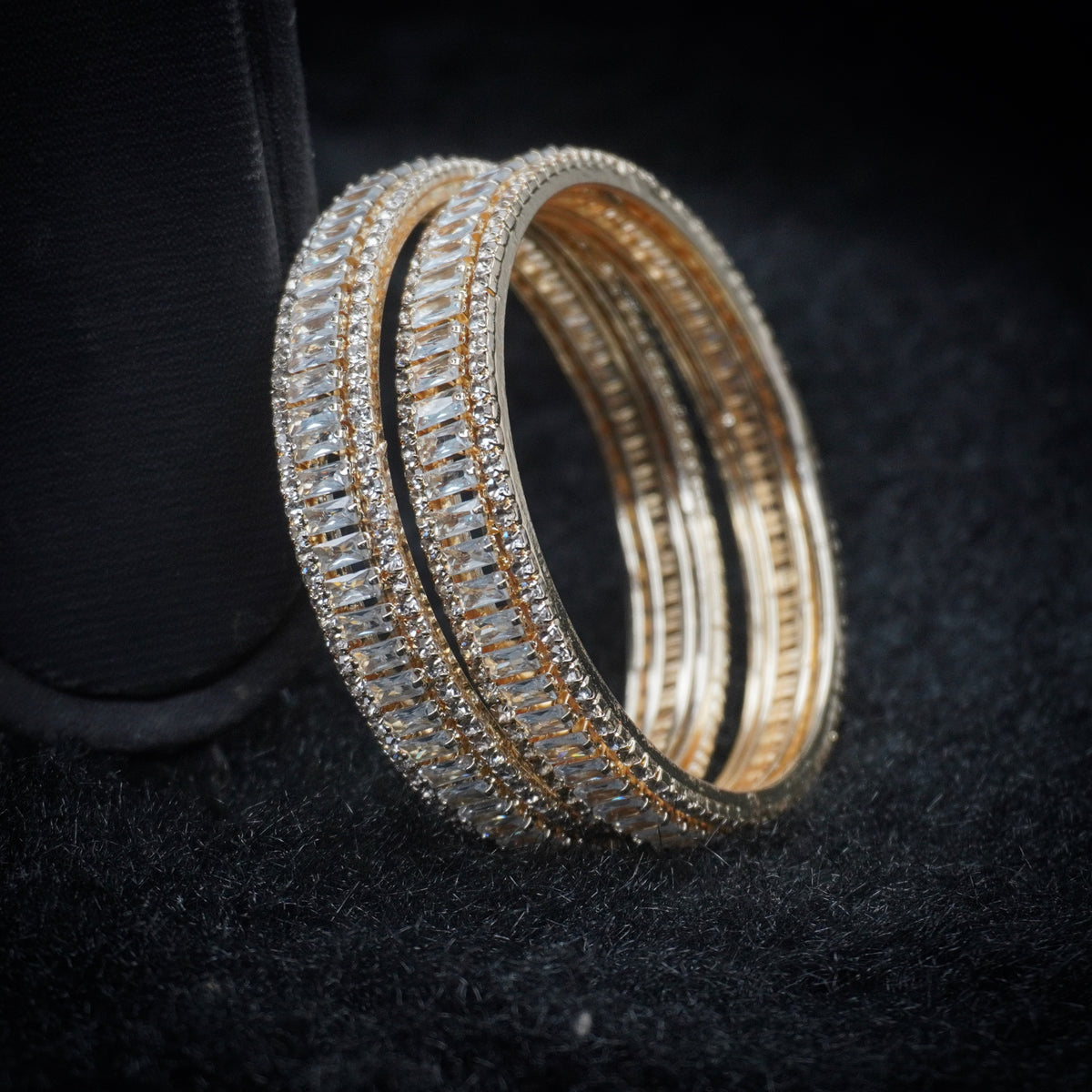 Gold-Plated Baguette AD Stone Bangles Set of  2 – Slim White Cubic Zirconia Party Wear