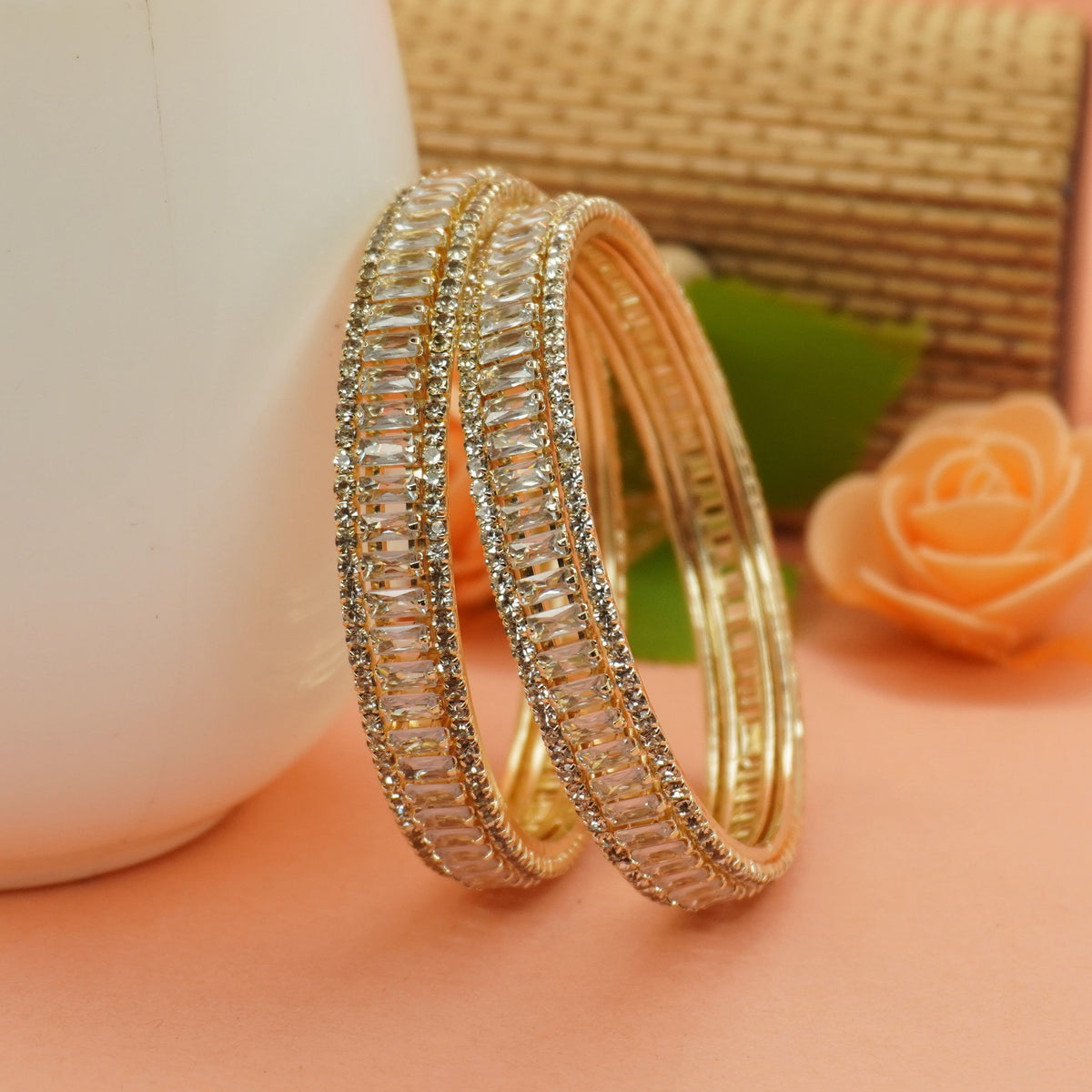 Gold-Plated Baguette AD Stone Bangles Set of  2 – Slim White Cubic Zirconia Party Wear