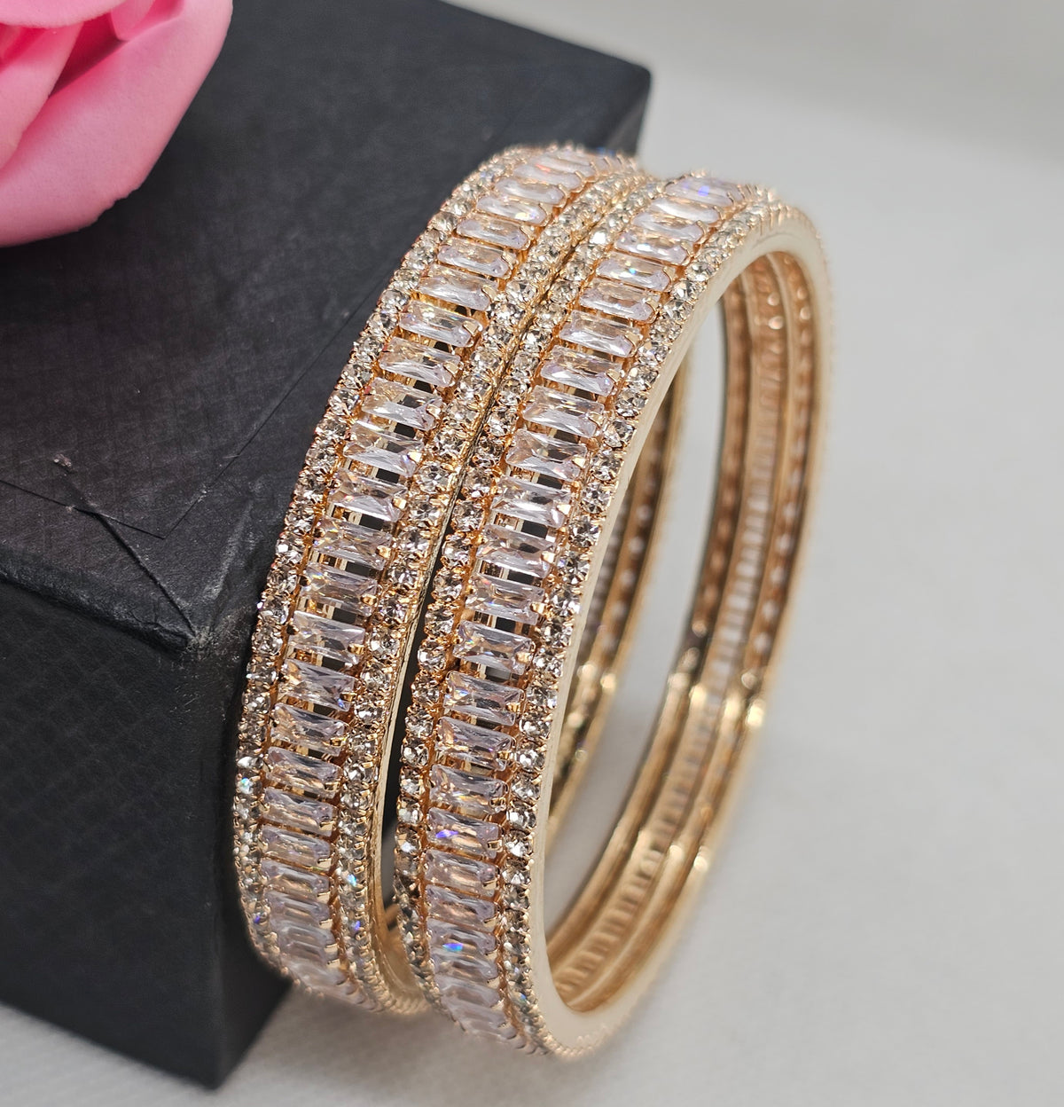 Gold-Plated Baguette AD Stone Bangles Set of  2 – Slim White Cubic Zirconia Party Wear