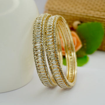 Gold-Plated Baguette AD Stone Bangles Set of  2 – Slim White Cubic Zirconia Party Wear