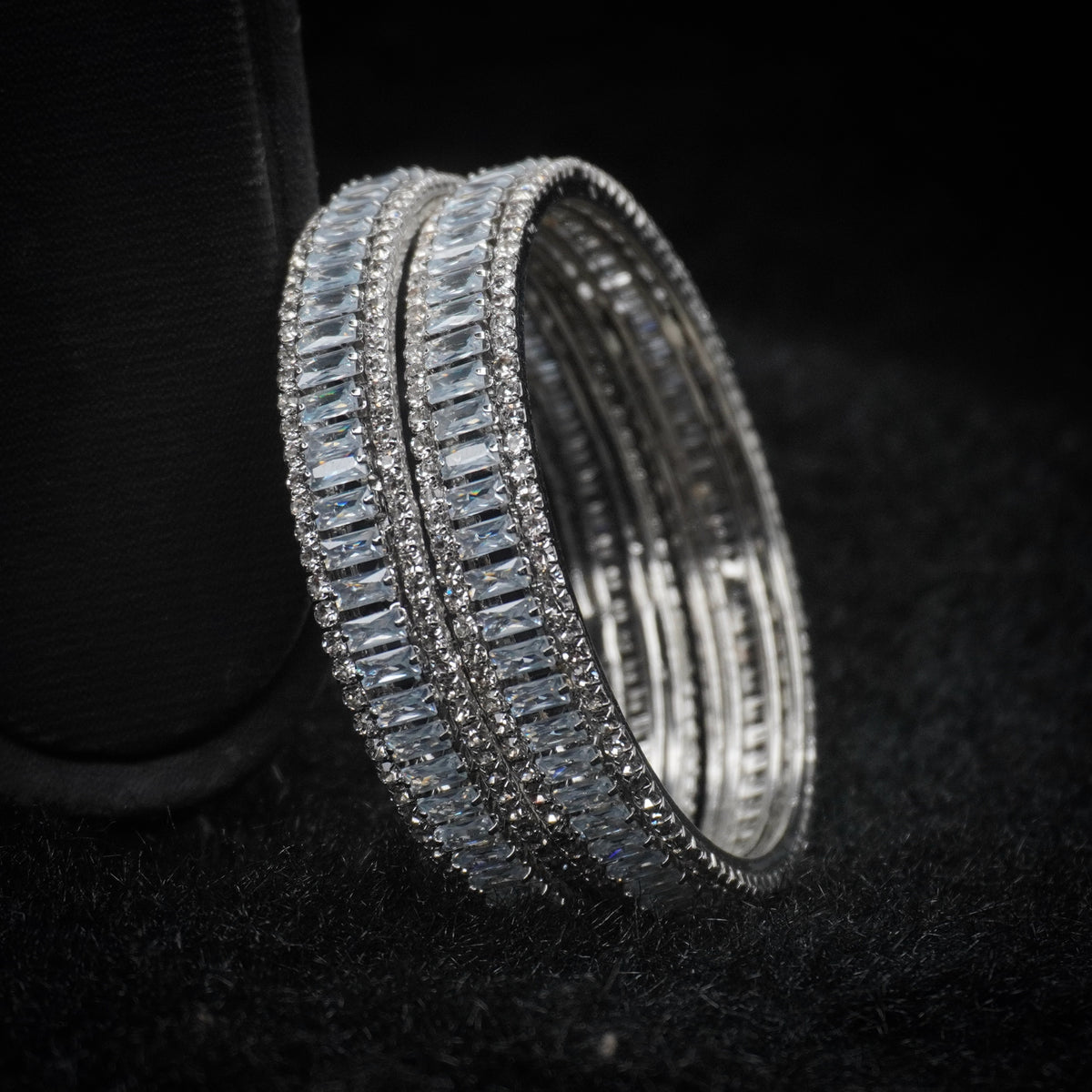 Rhodium-Plated Baguette AD Stone Bangles Set of  2 – Slim Silver-Tone Party Wear