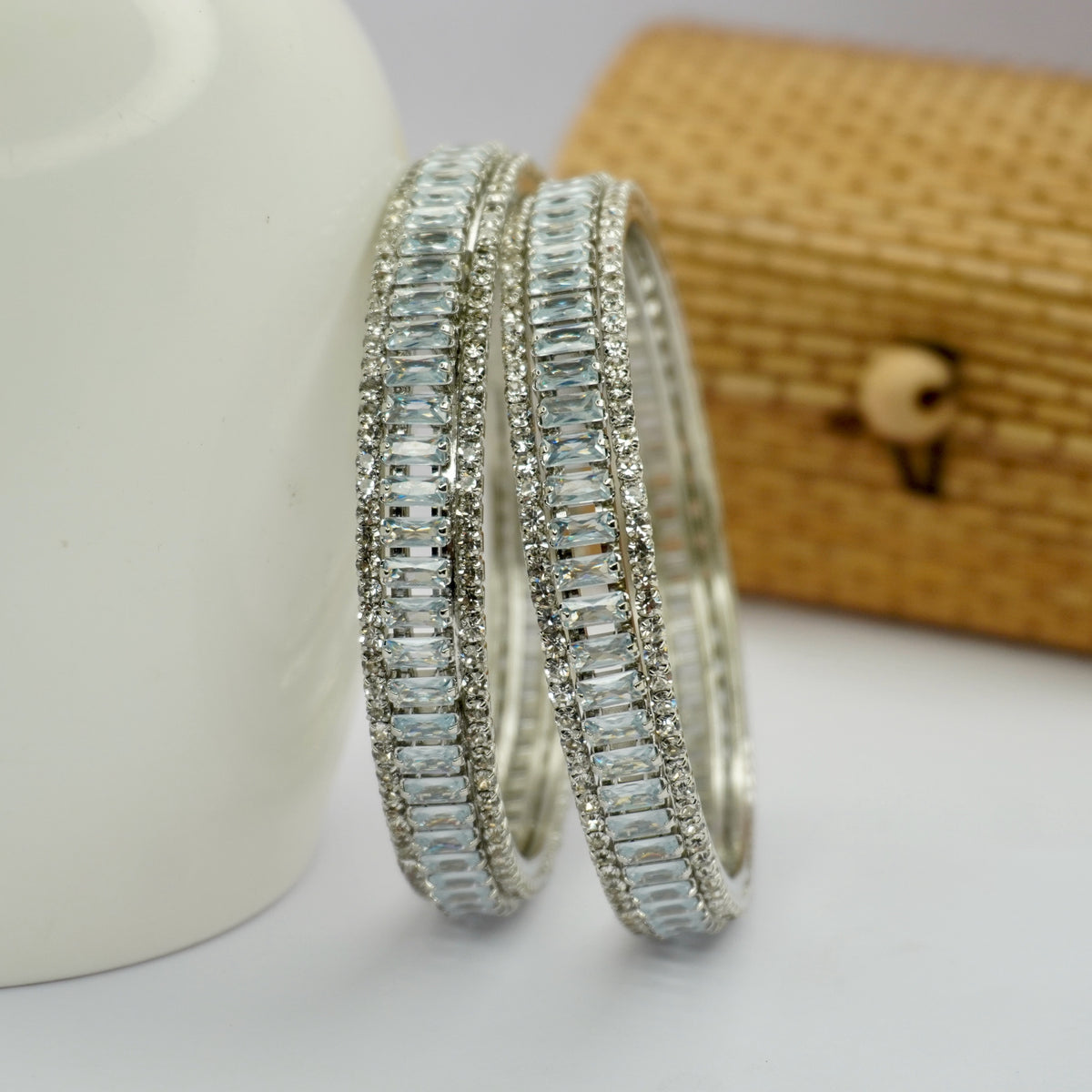 Rhodium-Plated Baguette AD Stone Bangles Set of  2 – Slim Silver-Tone Party Wear