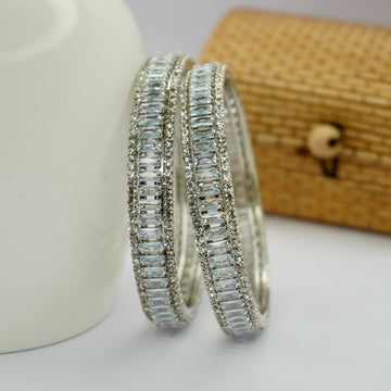 Rhodium-Plated Baguette AD Stone Bangles Set of  2 – Slim Silver-Tone Party Wear