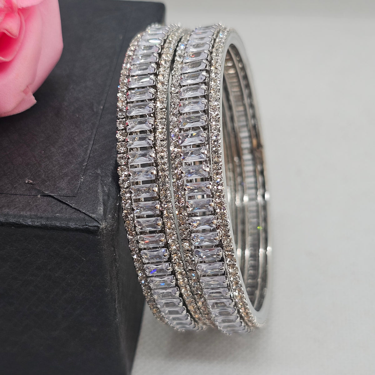 Rhodium-Plated Baguette AD Stone Bangles Set of  2 – Slim Silver-Tone Party Wear