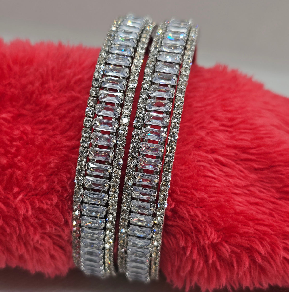 Rhodium-Plated Baguette AD Stone Bangles Set of  2 – Slim Silver-Tone Party Wear