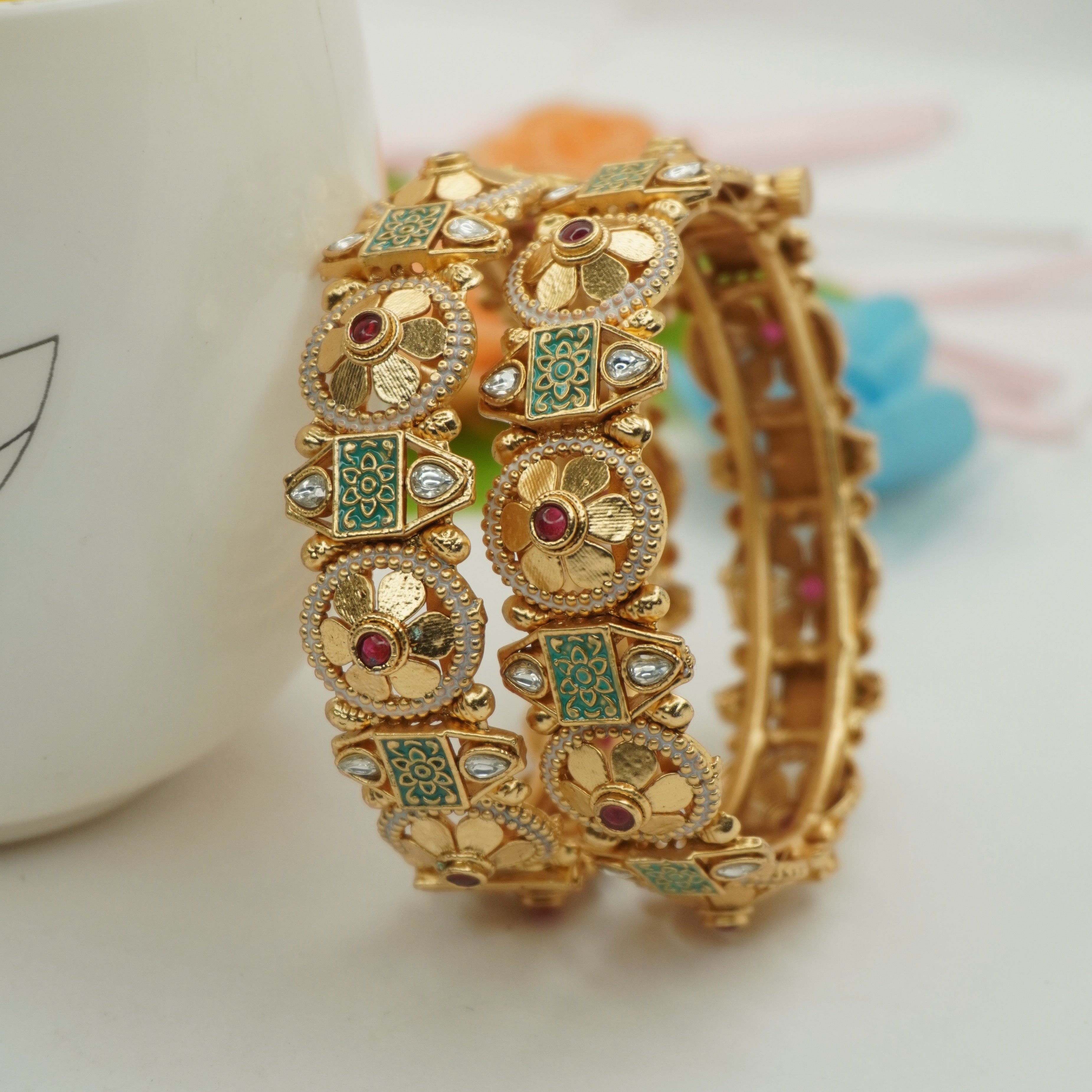 Indian Gold Plated Meenakari Floral Hinged Bangle Bracelet Pair | Traditional Bridal Jewelry Gift for Women