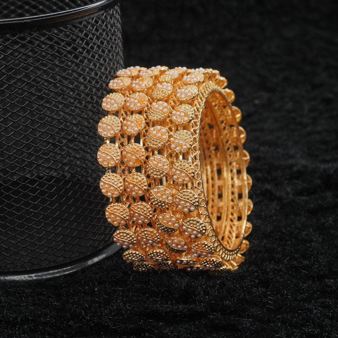 Handcrafted Indian Gold Plated Pearl Filigree Bridal Kada Bracelet for Women