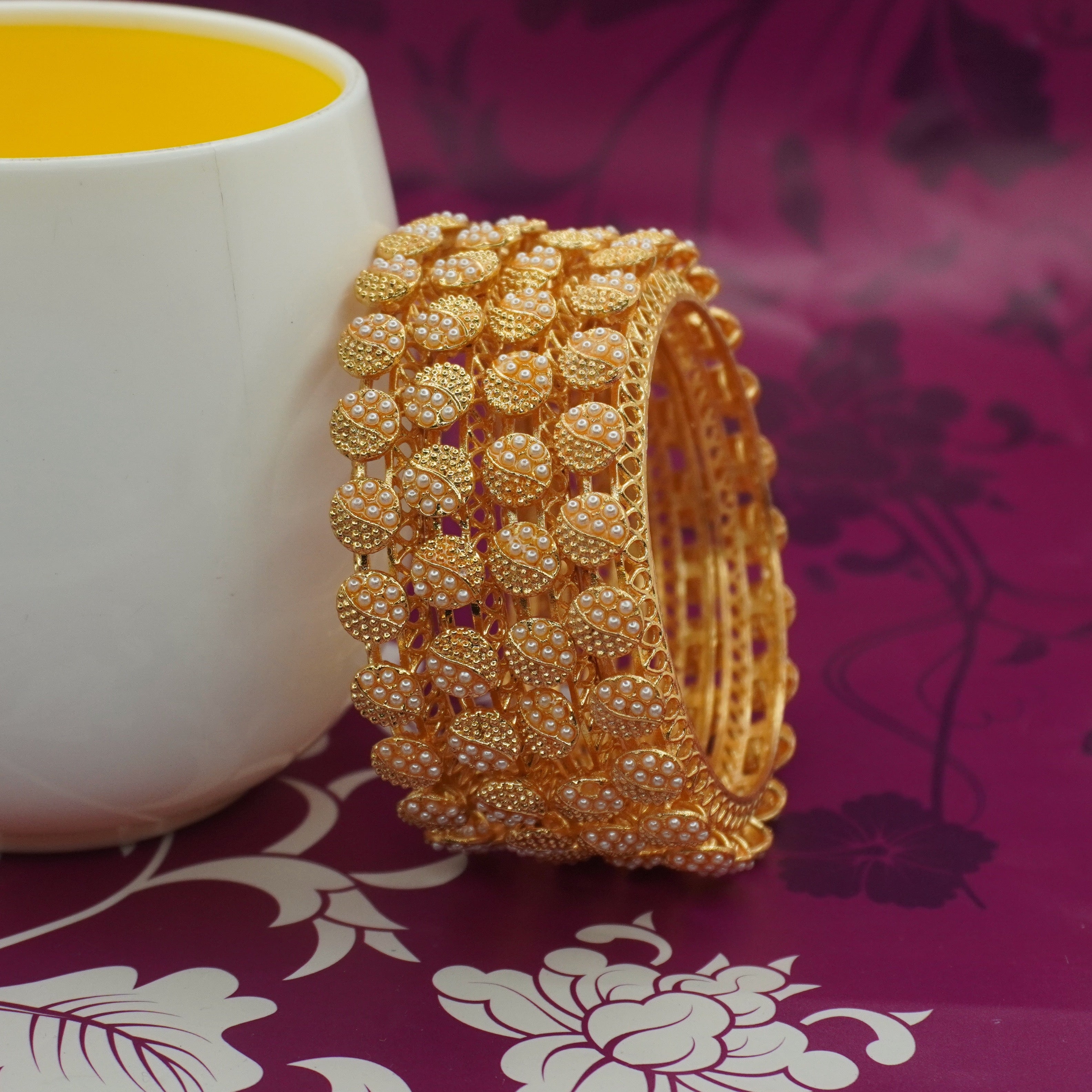 Handcrafted Indian Gold Plated Pearl Filigree Bridal Kada Bracelet for Women