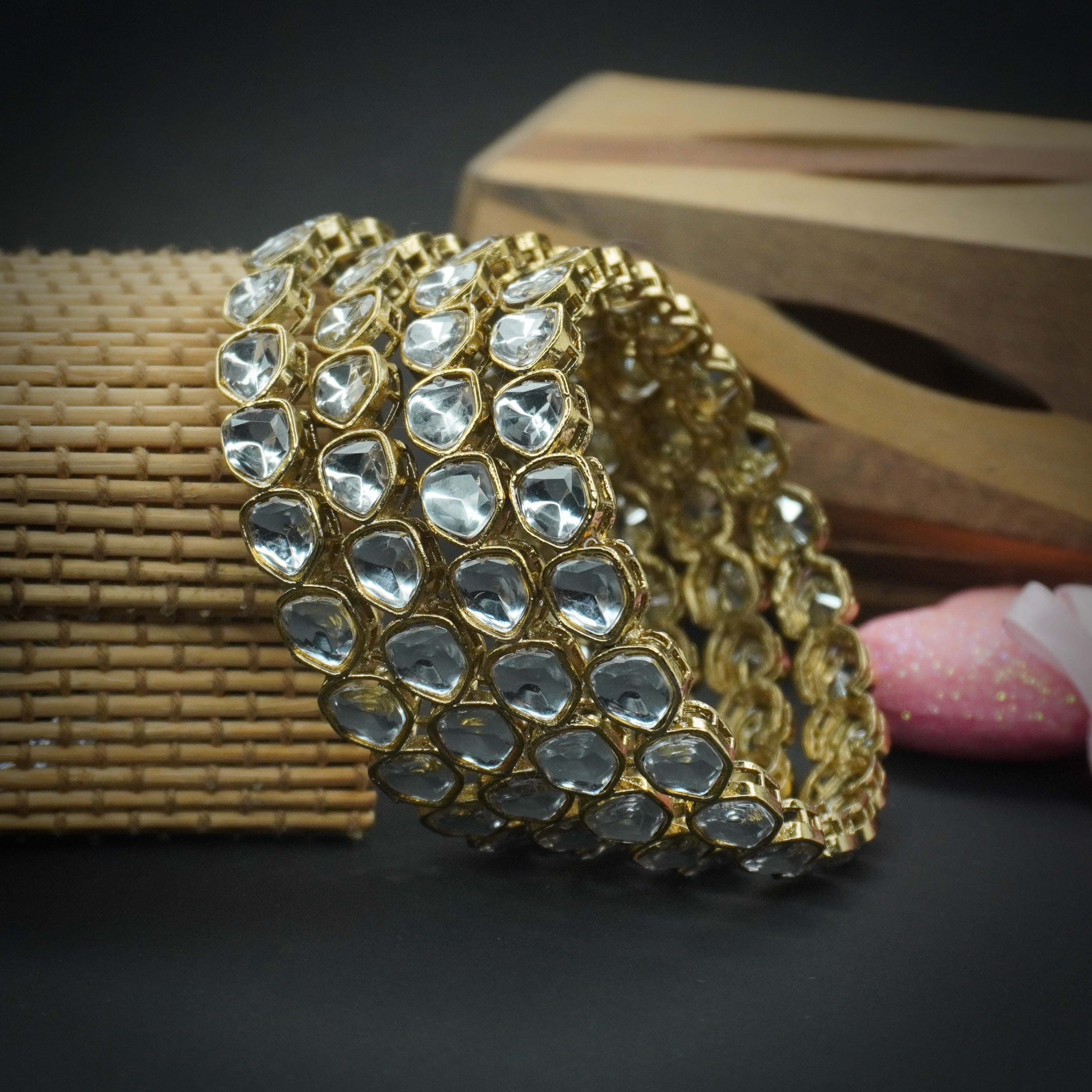 Handcrafted Gold Tone Kundan Glass Stone Bangle Set for Women Indian Wedding Jewelry