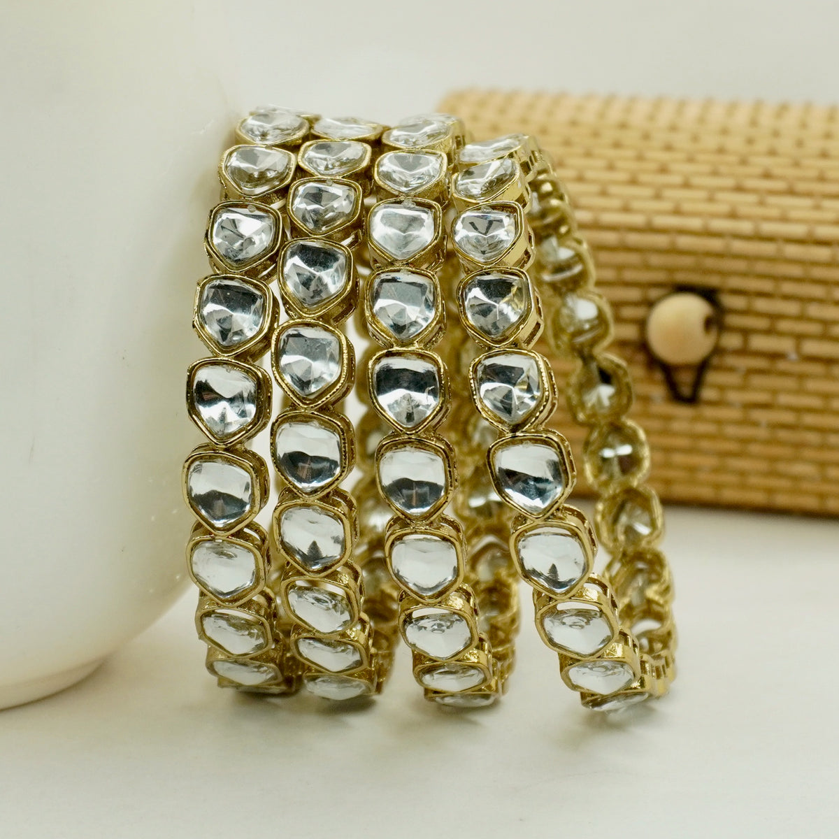Mehandi -Plated Polki Kundan Bangles Set of 4 with White Stones – Traditional Bridal Wear