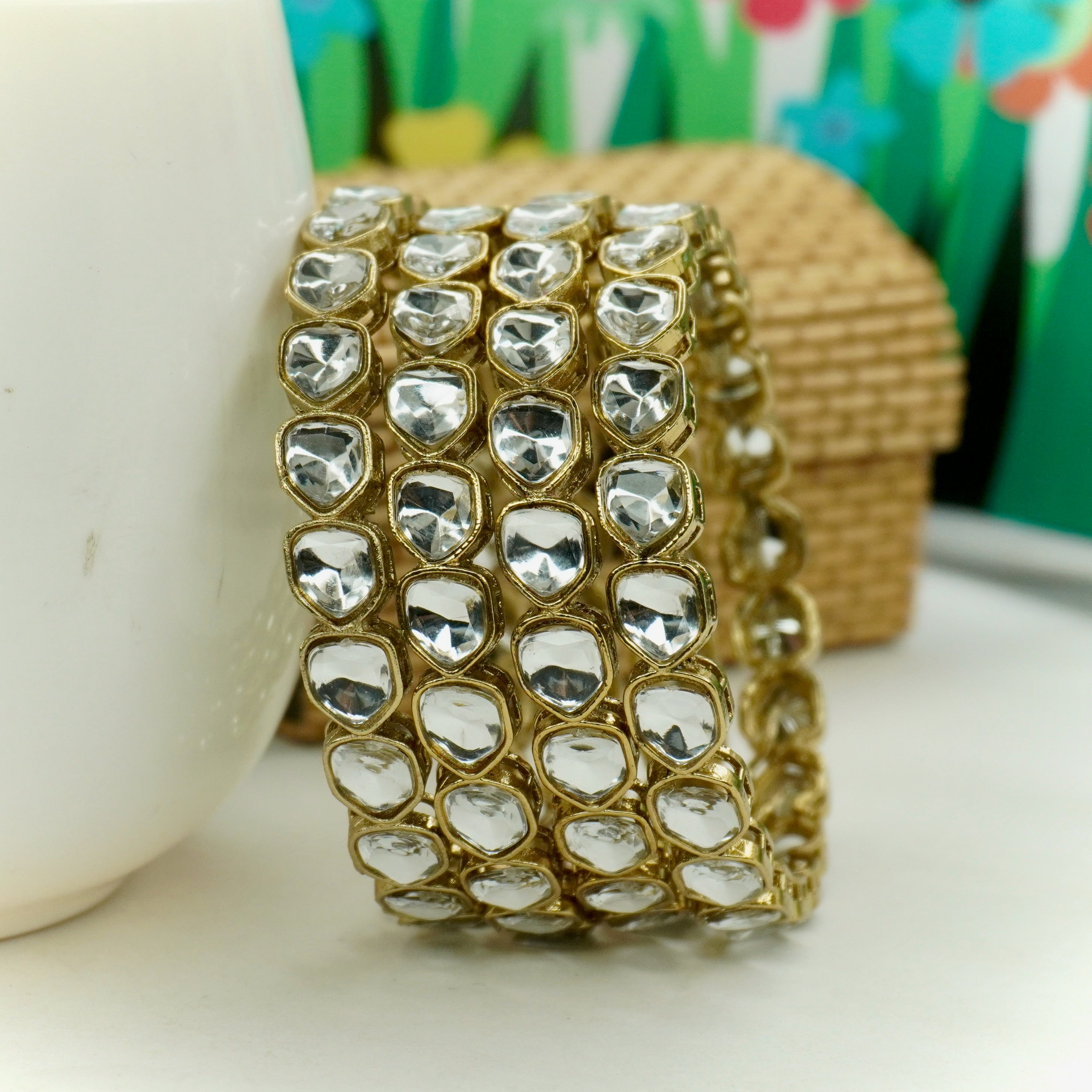 Handcrafted Gold Tone Kundan Glass Stone Bangle Set for Women Indian Wedding Jewelry