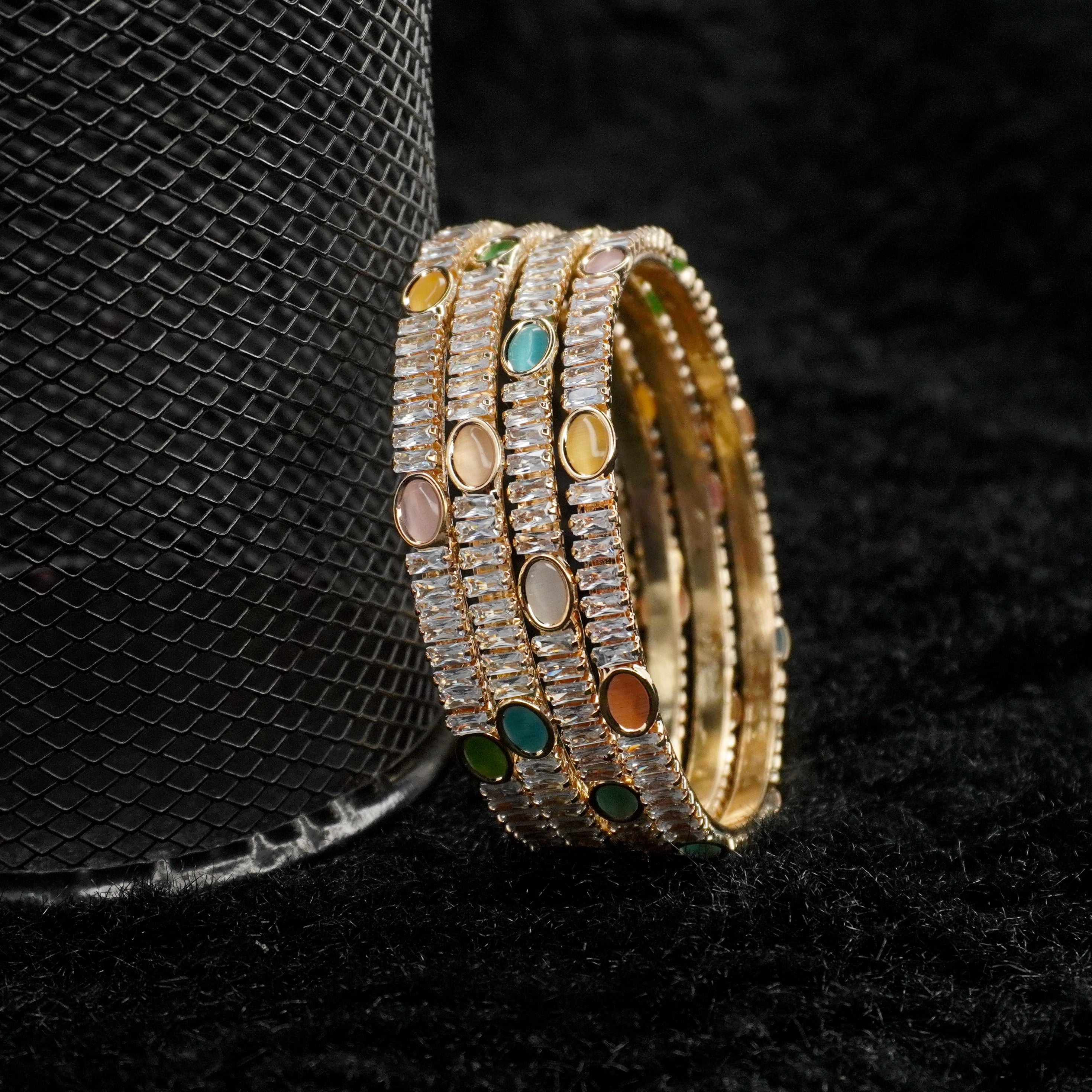 Handcrafted Gold Plated CZ Crystal Stackable Bangles Set with Multi Color Oval Stones for Women