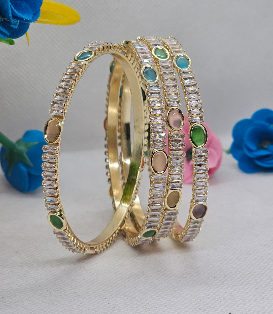 Handcrafted Gold Plated CZ Crystal Stackable Bangles Set with Multi Color Oval Stones for Women