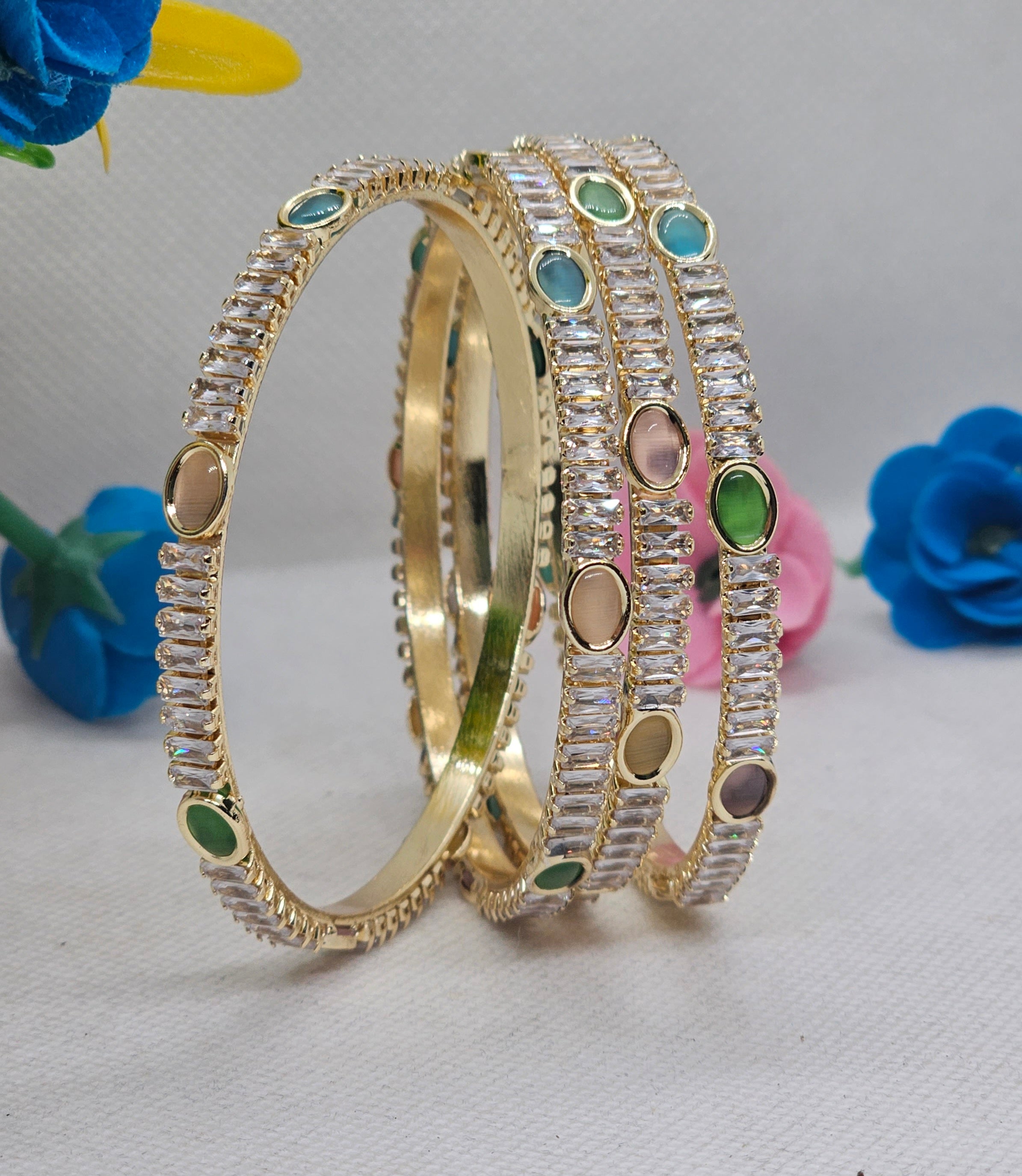 Handcrafted Gold Plated CZ Crystal Stackable Bangles Set with Multi Color Oval Stones for Women