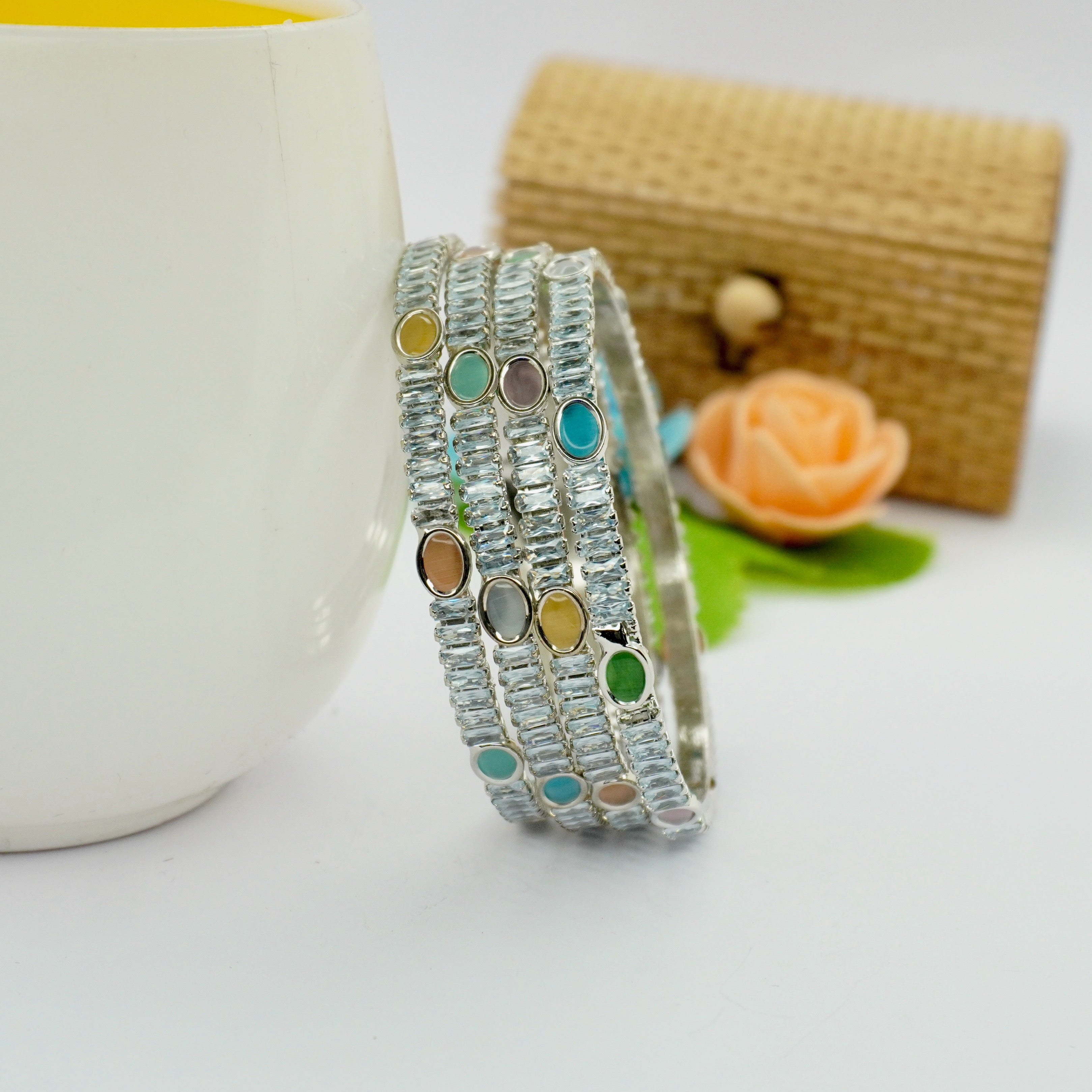 Trending Silver American Diamond Cat's Eye Stretch Bracelet for Women | Designer Party Wear Bracelet