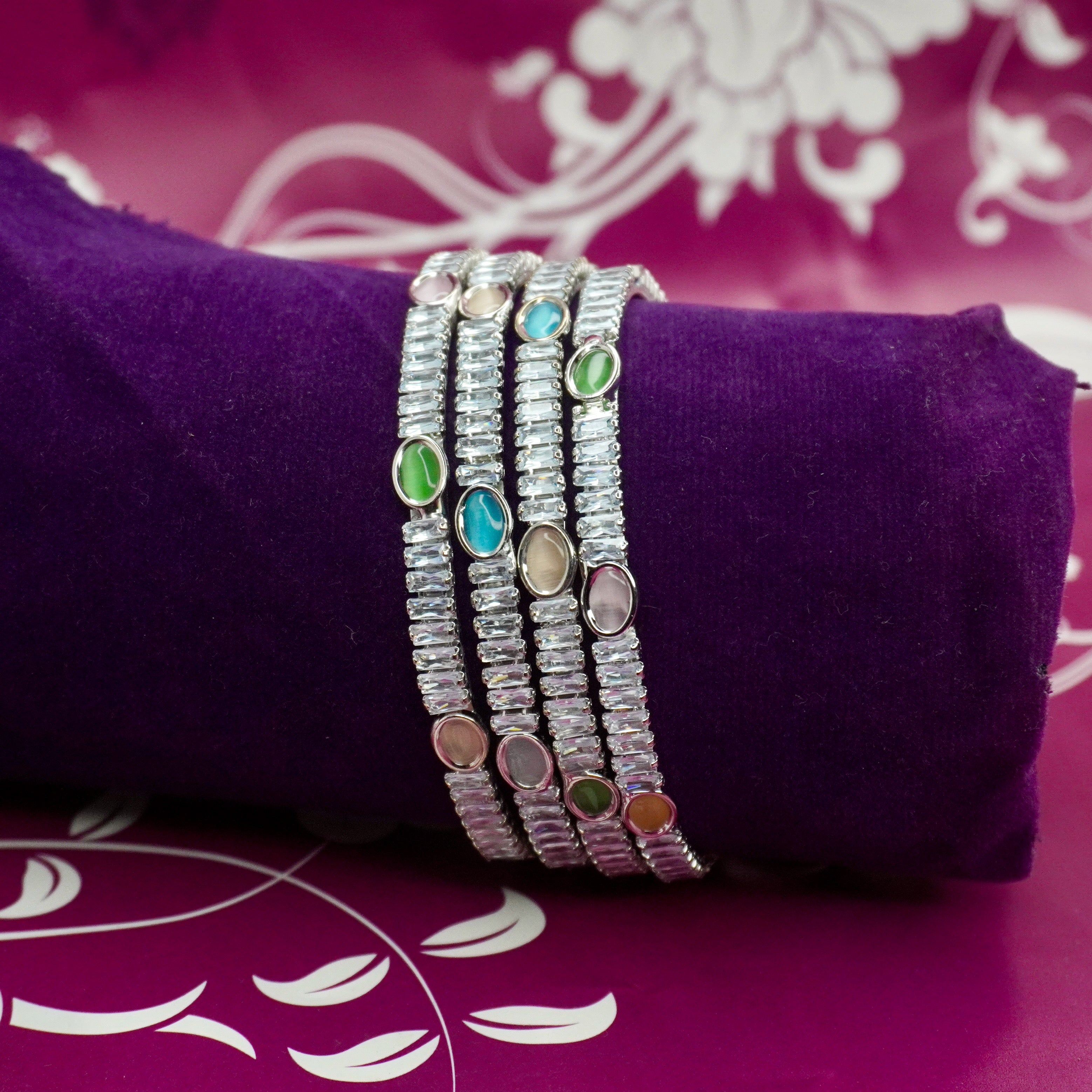 Trending Silver American Diamond Cat's Eye Stretch Bracelet for Women | Designer Party Wear Bracelet