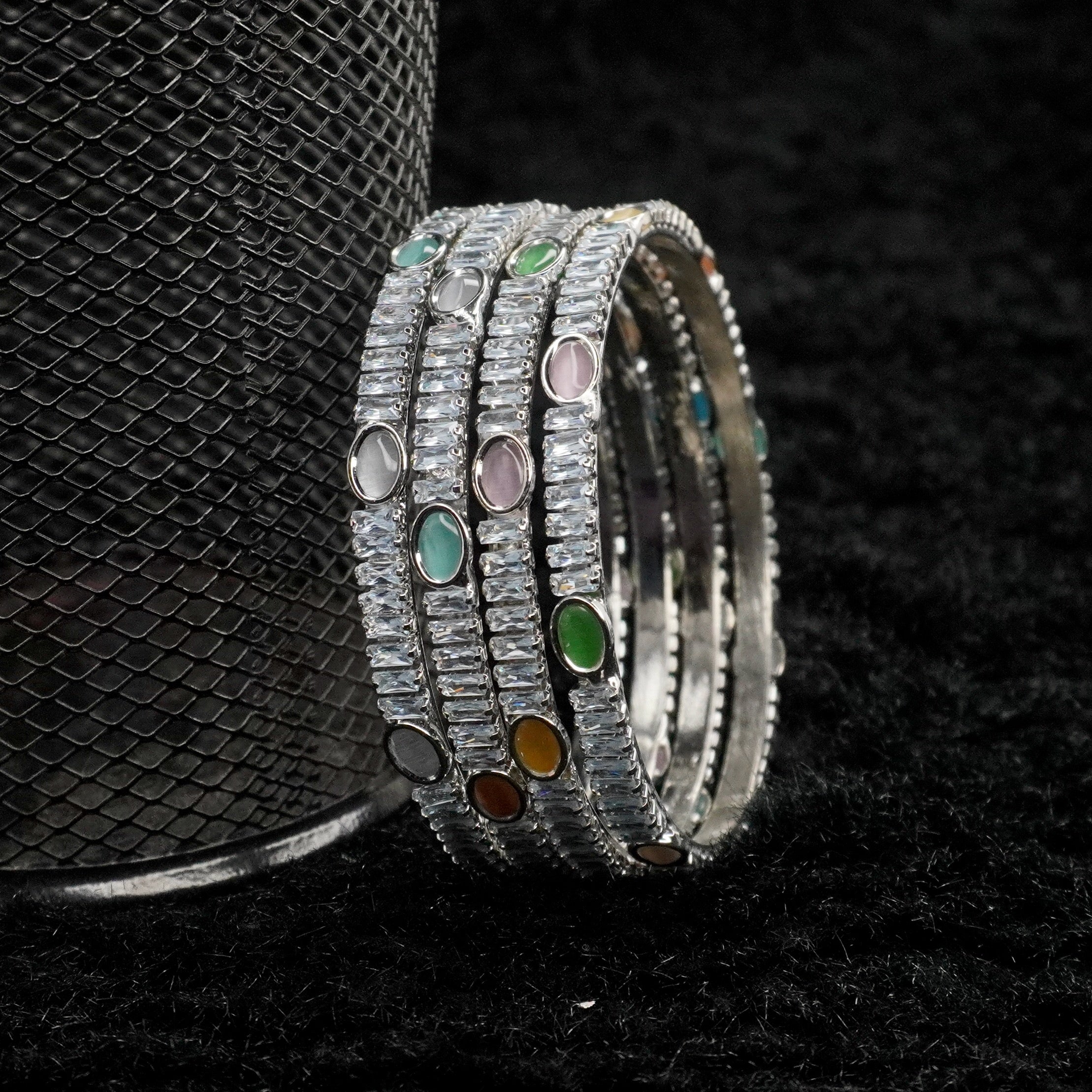 Trending Silver American Diamond Cat's Eye Stretch Bracelet for Women | Designer Party Wear Bracelet