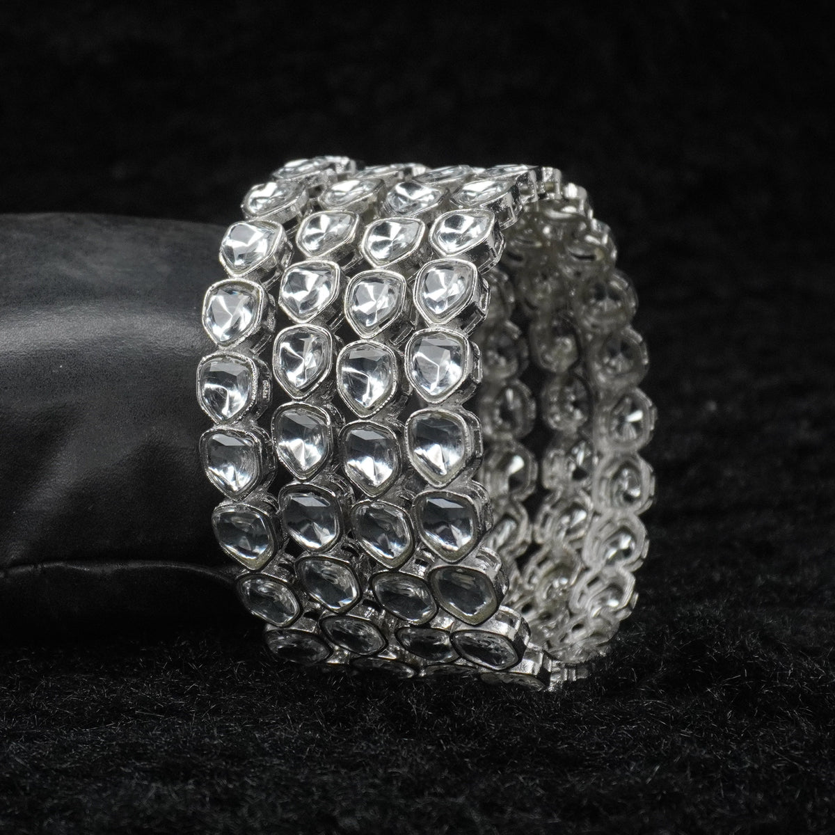 Rhodium -Plated Polki Kundan Bangles Set of 4 with White Stones – Traditional Bridal Wear