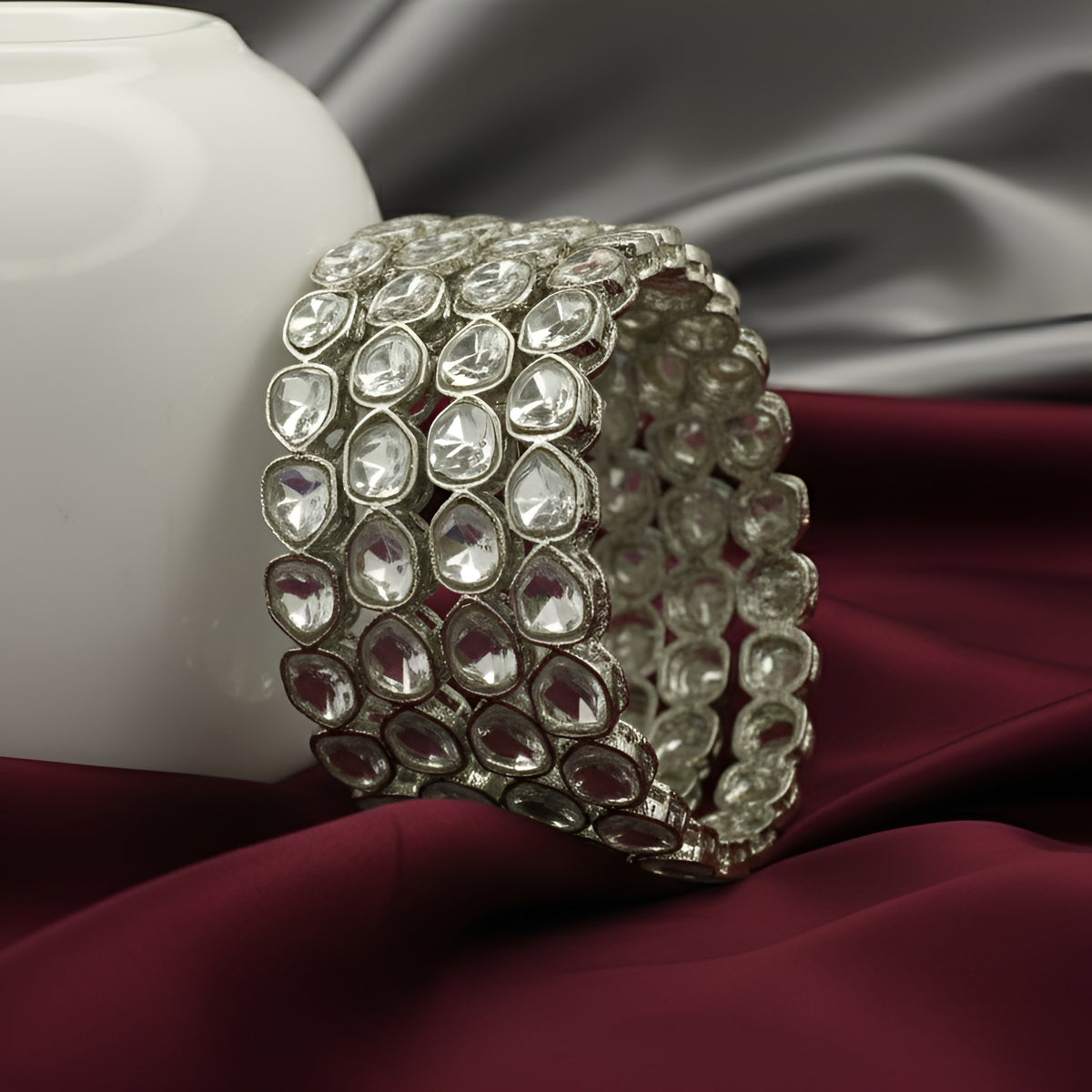 Rhodium -Plated Polki Kundan Bangles Set of 4 with White Stones – Traditional Bridal Wear