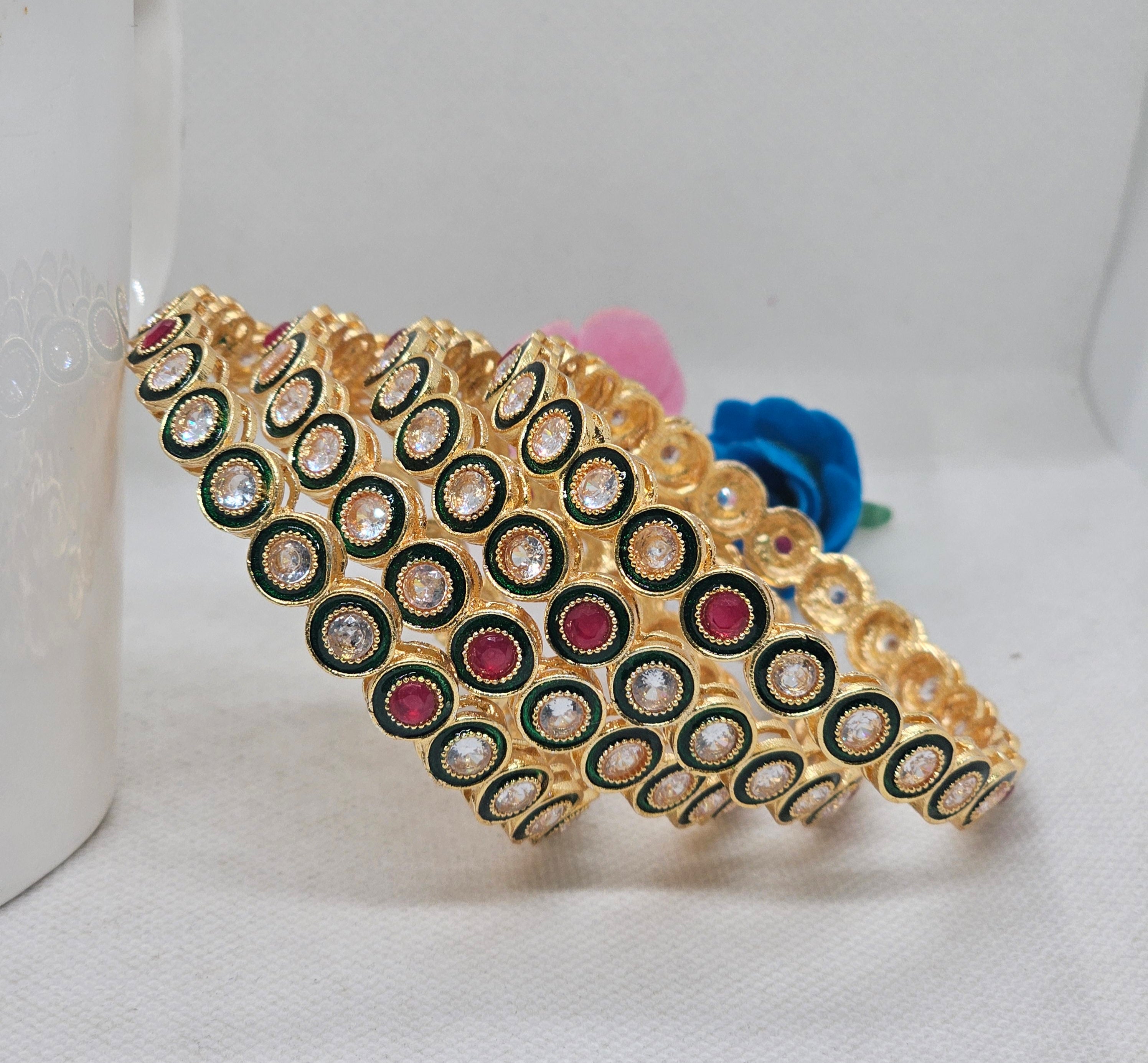 Latest Gold Plated Green Meenakari Kangan Bangles Set for Women Wedding Party Wear