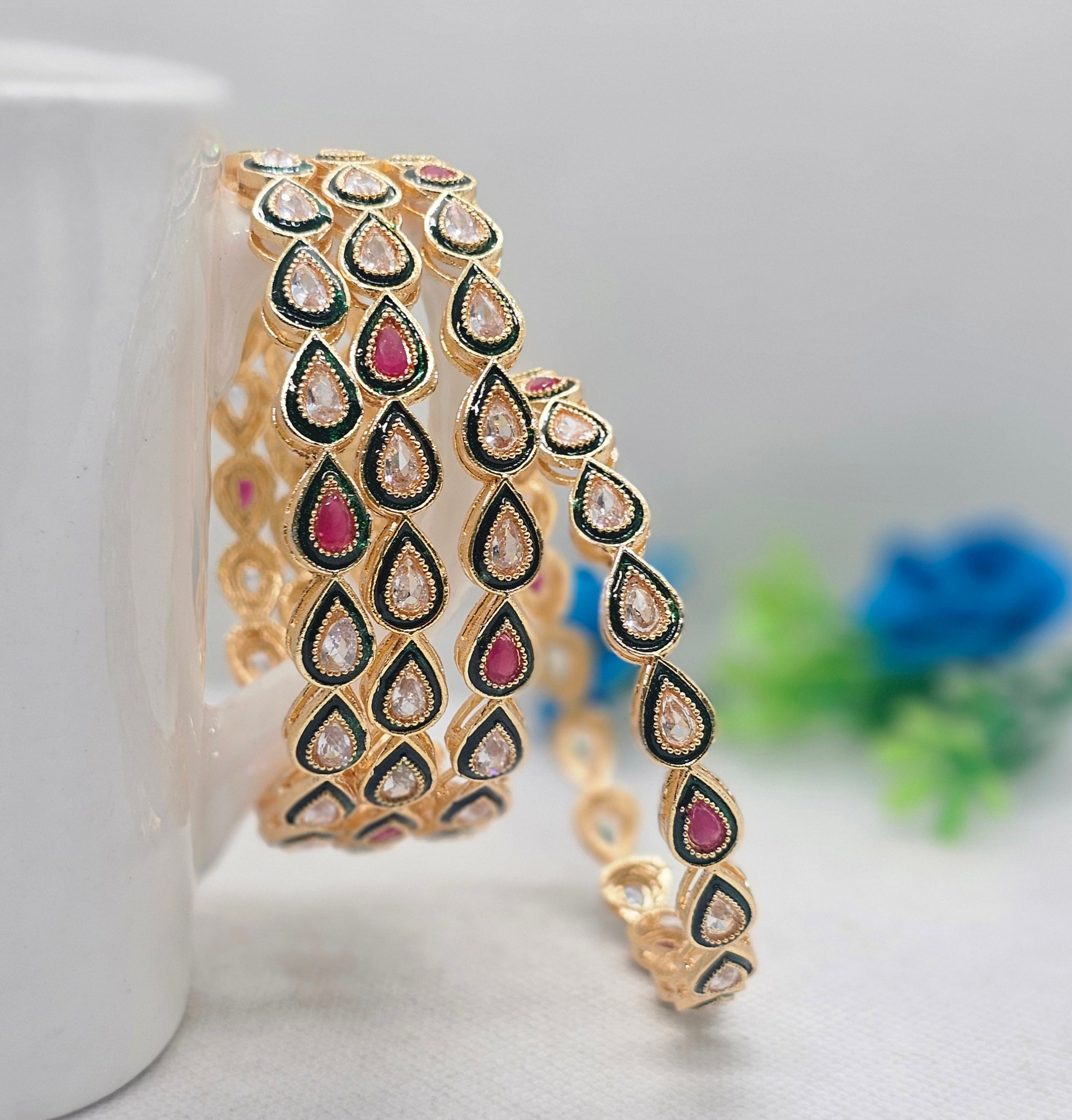 Luxury Gold Plated Kundan Leaf Bangles for Women Trending Bridal Ethnic Party Wear Jewelry