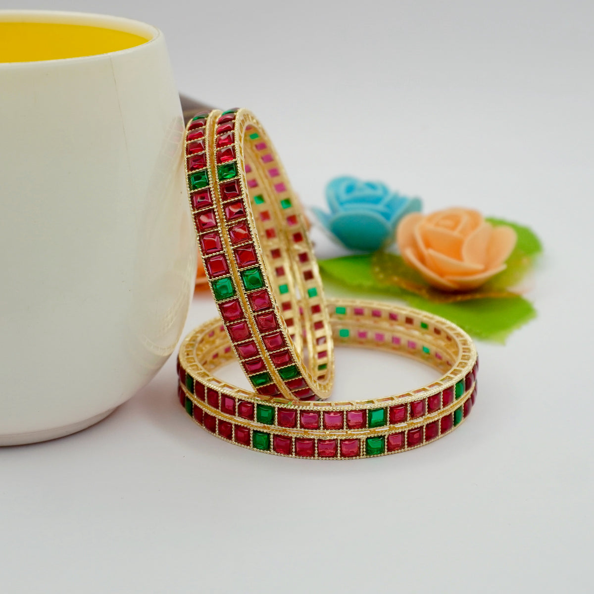 Gold-Plated Ruby Kundan Bangles Set of 4 with Emerald Green Accents – Traditional Bridal Wear