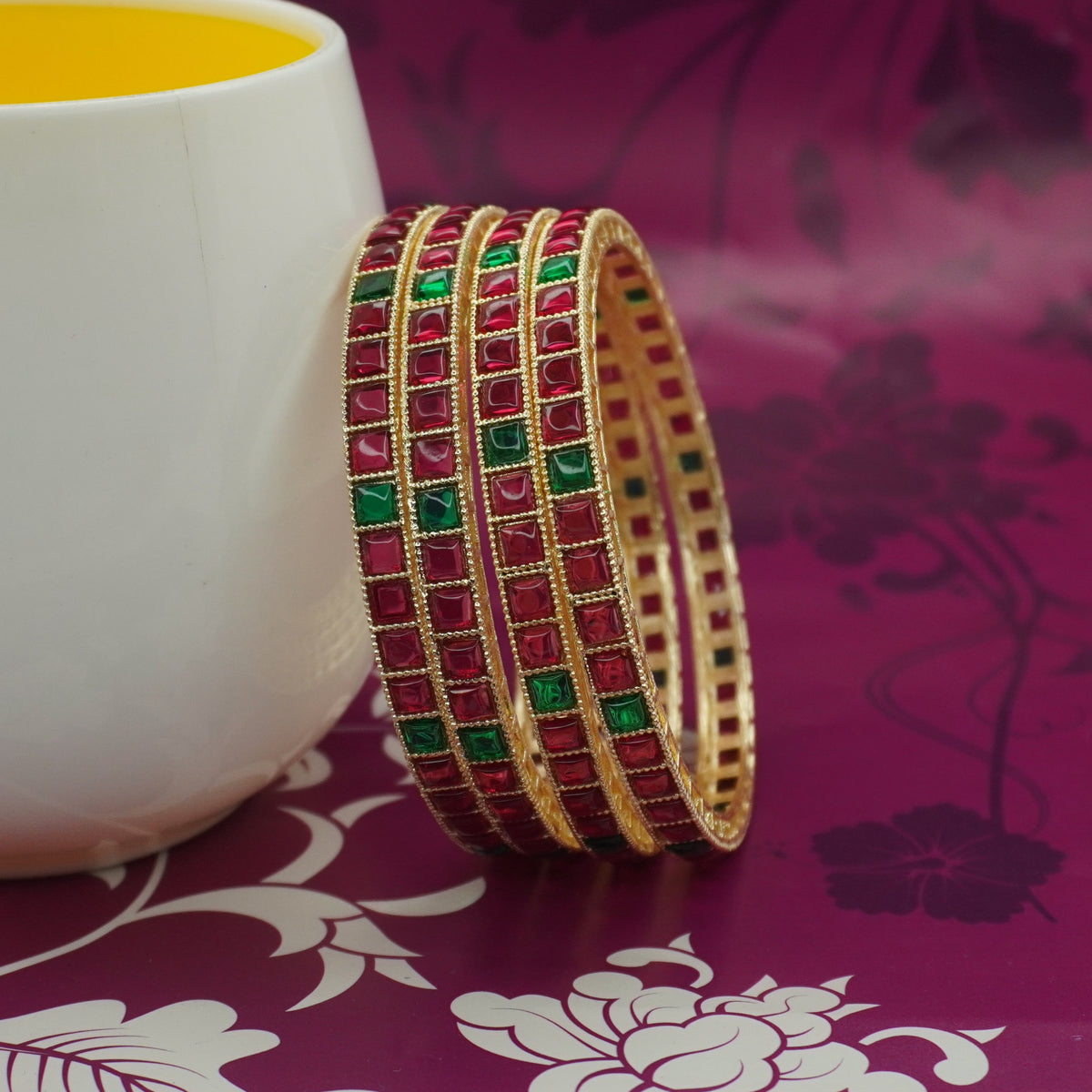 Gold-Plated Ruby Kundan Bangles Set of 4 with Emerald Green Accents – Traditional Bridal Wear