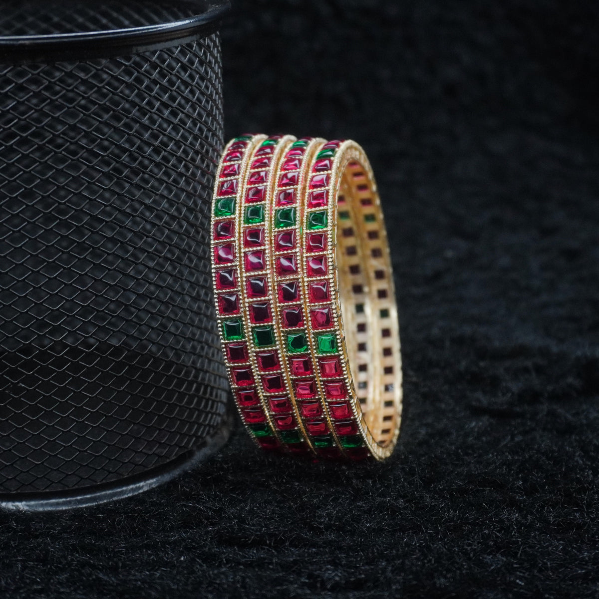 Gold-Plated Ruby Kundan Bangles Set of 4 with Emerald Green Accents – Traditional Bridal Wear
