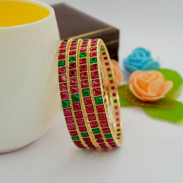 Gold-Plated Ruby Kundan Bangles Set of 4 with Emerald Green Accents – Traditional Bridal Wear