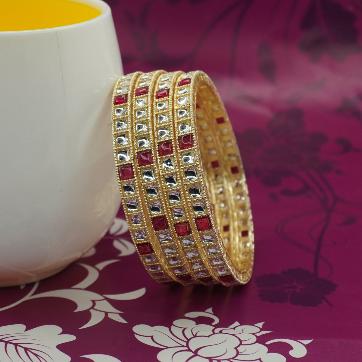 Gold-Plated Ruby Kundan Bangles Set of 4 – Square Stone Traditional Ethnic Wear