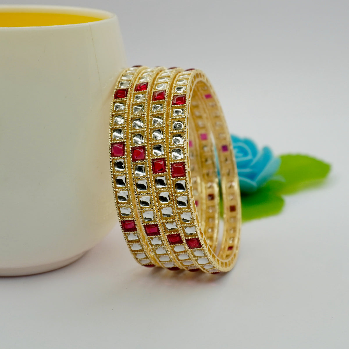 Gold-Plated Ruby Kundan Bangles Set of 4 – Square Stone Traditional Ethnic Wear