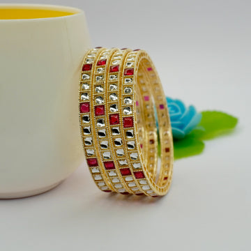 Gold-Plated Ruby Kundan Bangles Set of 4 – Square Stone Traditional Ethnic Wear